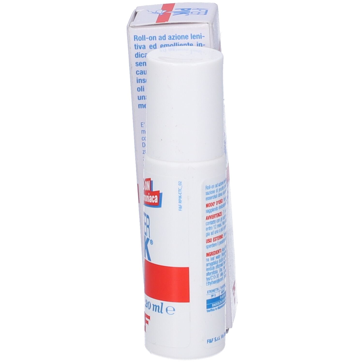 Roll-on bianco con scritte blu e rosse. Scatola con nome e ingredienti. 20 ml.