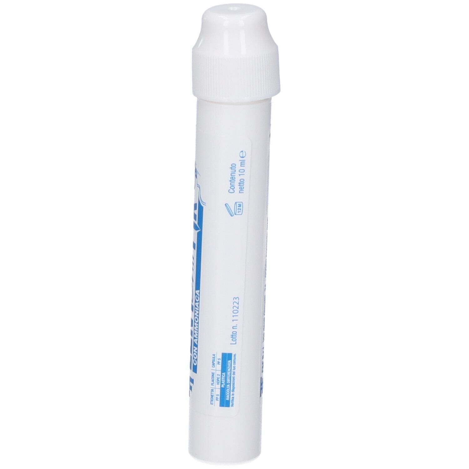 Contenitore cilindrico bianco con stampa blu. Contiene testo e numero di lotto.