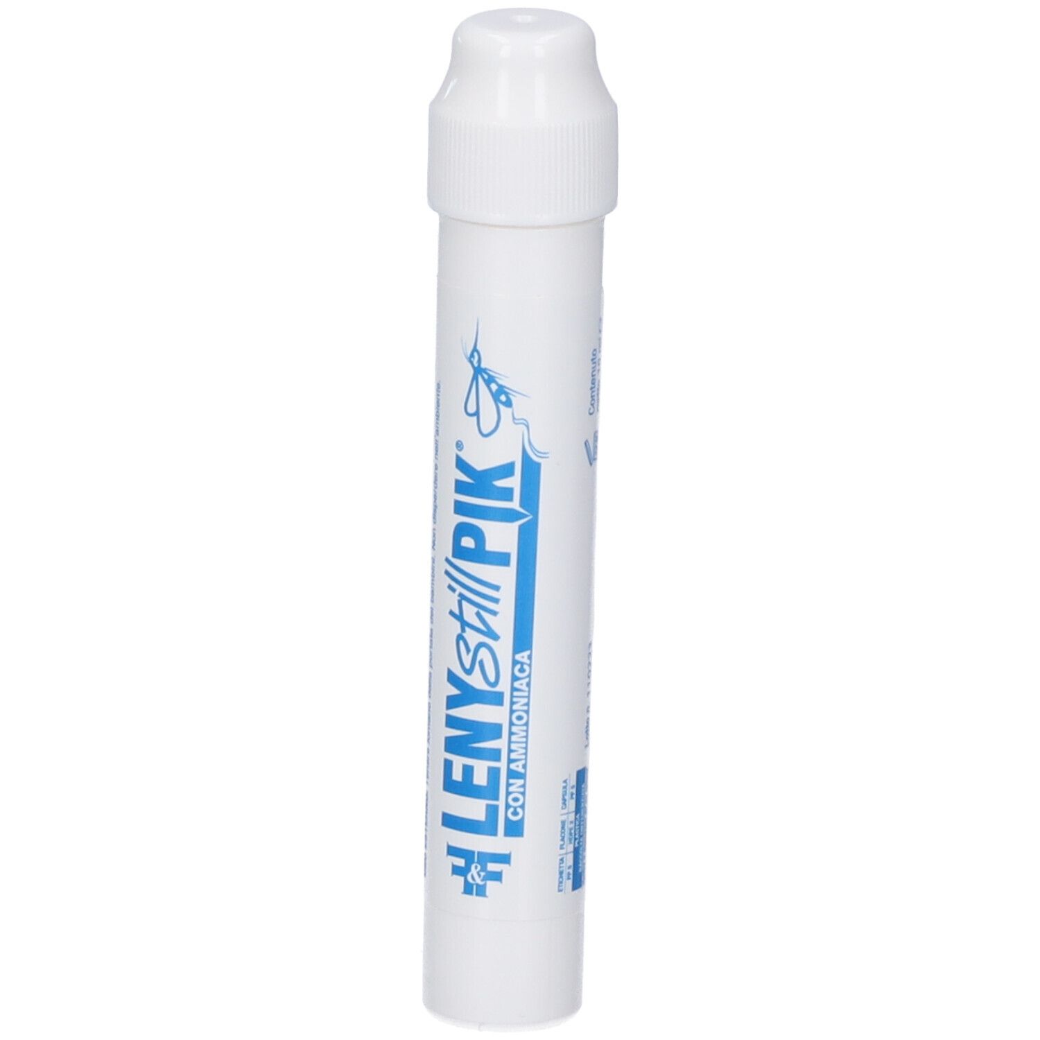 Contenitore cilindrico bianco con stampa blu. Testo: Leny Still Pik Con Ammoniaca.