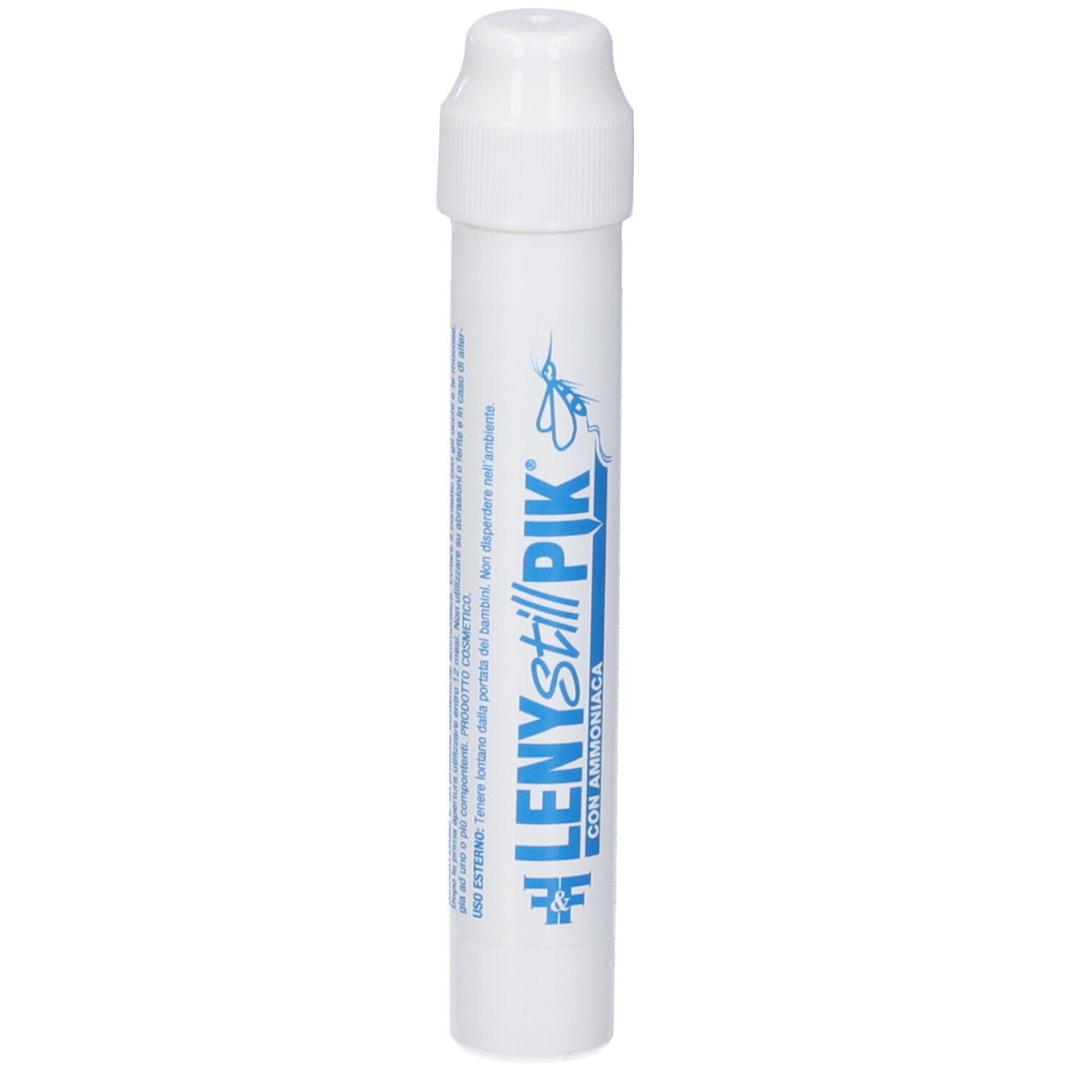 Contenitore cilindrico bianco con stampa blu. Testo: Leny Still Pik Con Ammoniaca.