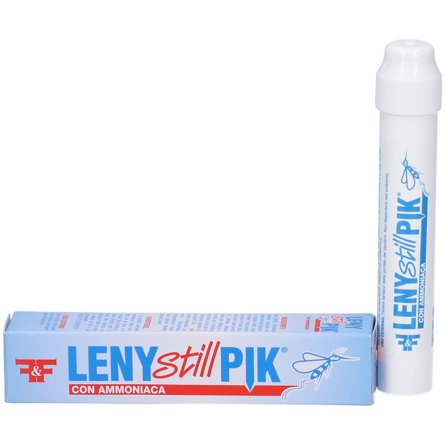 Contenitore bianco e scatola. Scatola con testo: Leny Still Pik Con Ammoniaca. Contenitore identico.
