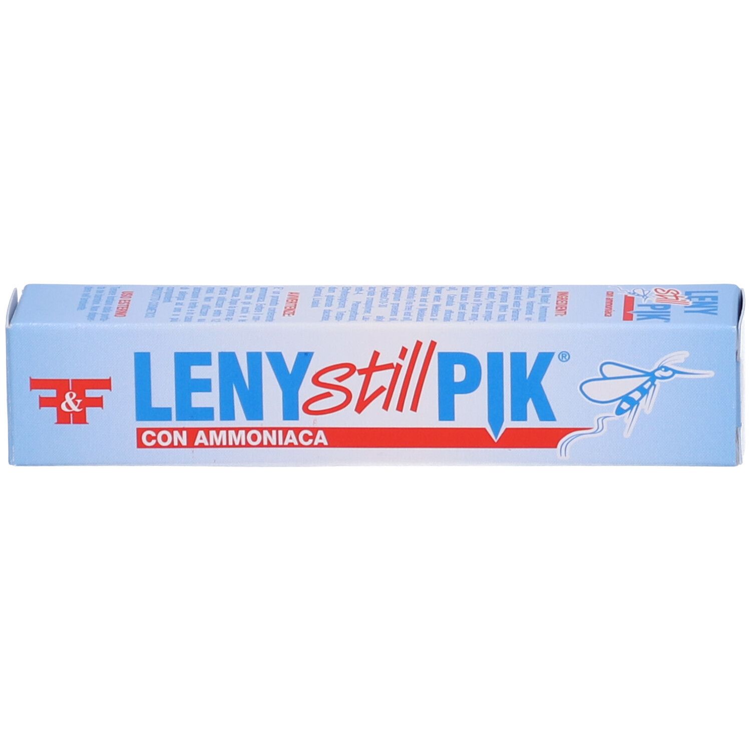 Scatola blu con testo: Leny Still Pik Con Ammoniaca. Logo e informazioni prodotto.