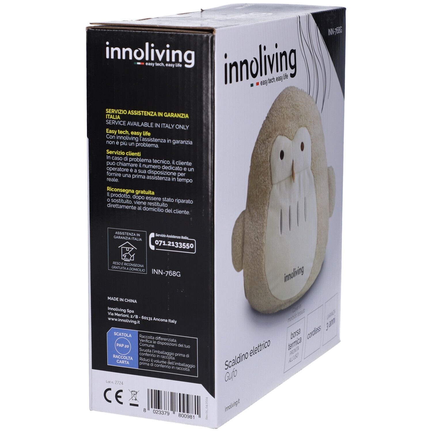 Confezione del cuscino termico a forma di gufo. Marchio: Innoliving. Testo: Scaldino elettrico Gufo, Garanzia, assistenza clienti, marchio CE.