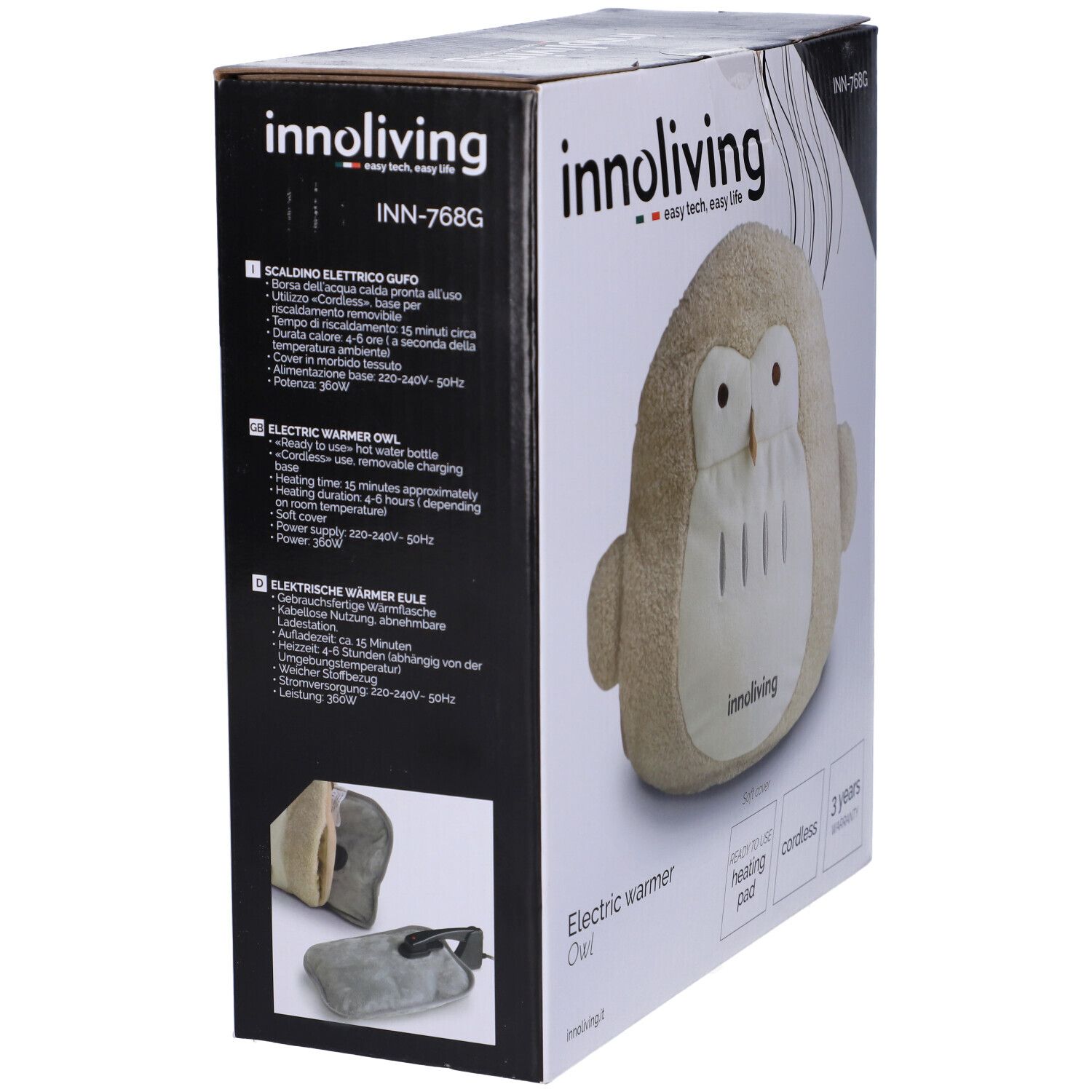 Confezione del cuscino termico a forma di gufo. Marchio: Innoliving. Testo: Electric warmer Owl, istruzioni per l'uso, marchio CE.