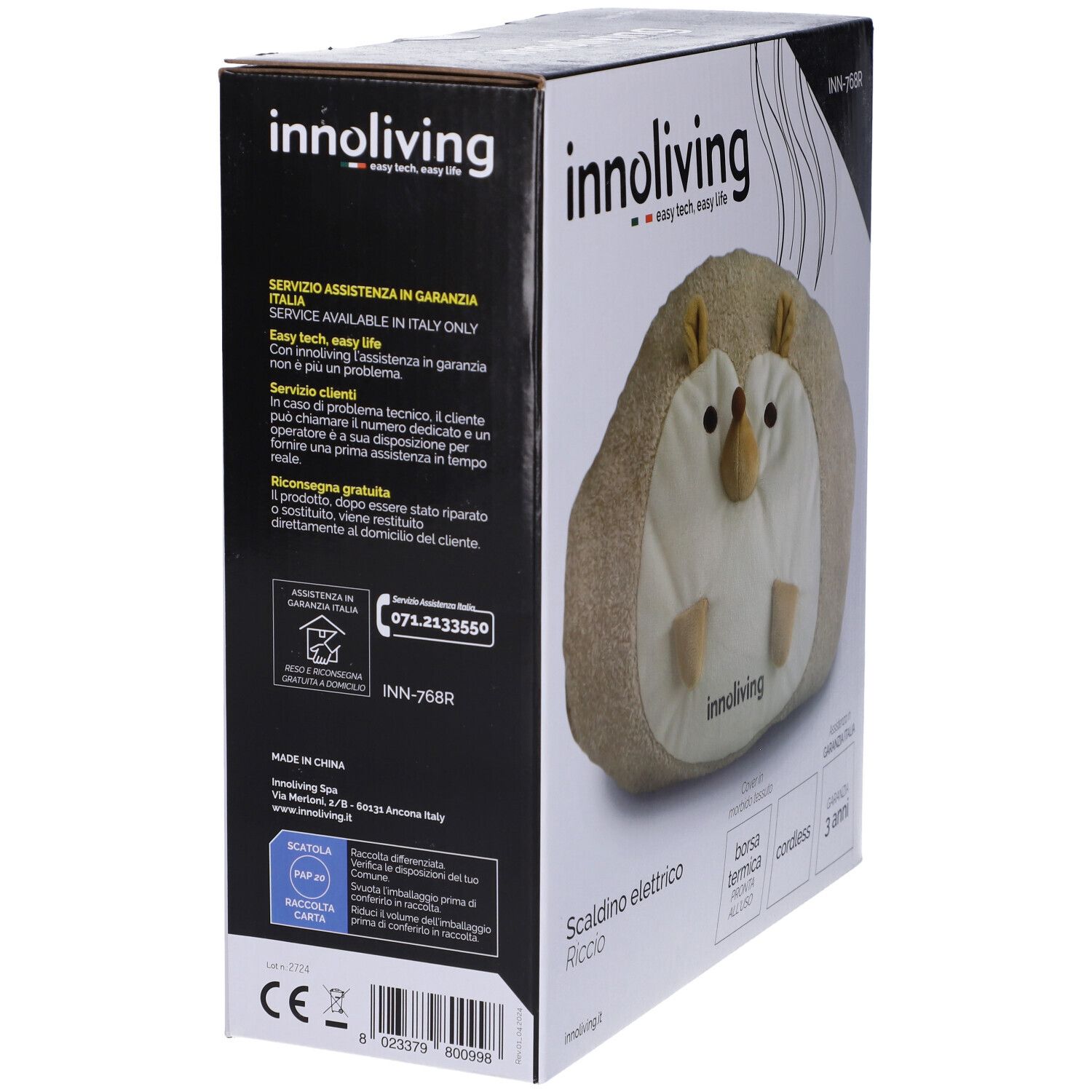 Innoliving Scaldino Elettrico Riccio. Confezione, vista laterale. Testo: assistenza in Italia, specifiche tecniche, marchio CE.
