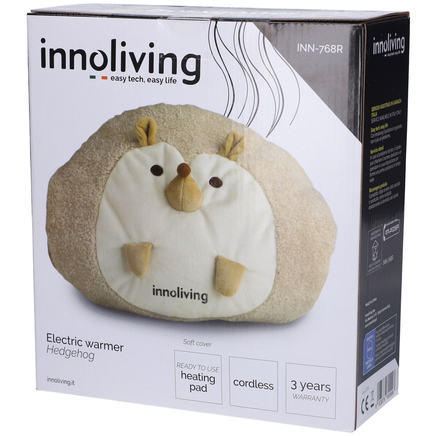 Innoliving Scaldino Elettrico Riccio. Confezione con immagine del prodotto. Testo: Electric warmer Hedgehog, Soft cover, Cordless.