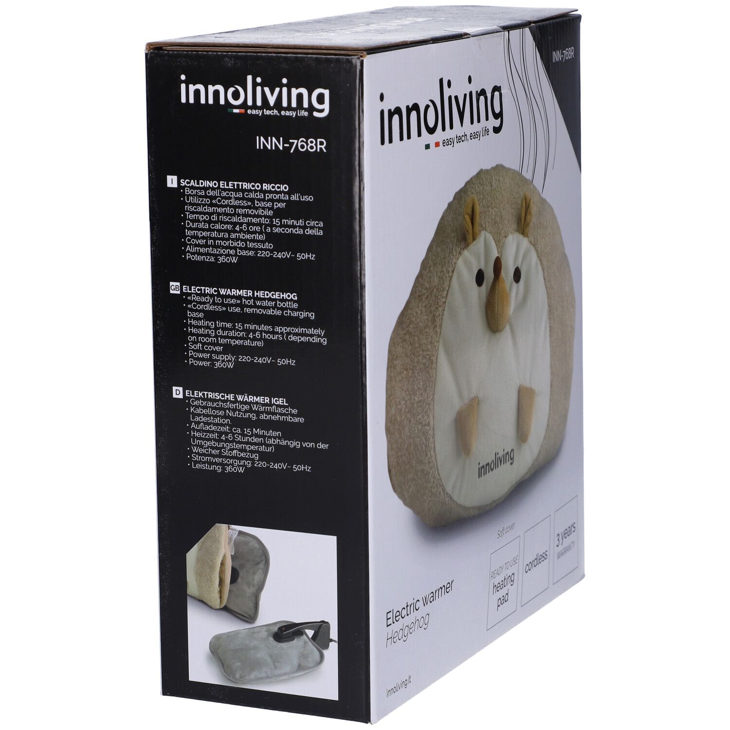 Innoliving Scaldino Elettrico Riccio. Confezione, vista laterale. Testo: specifiche tecniche, istruzioni per l'uso, marchio CE.