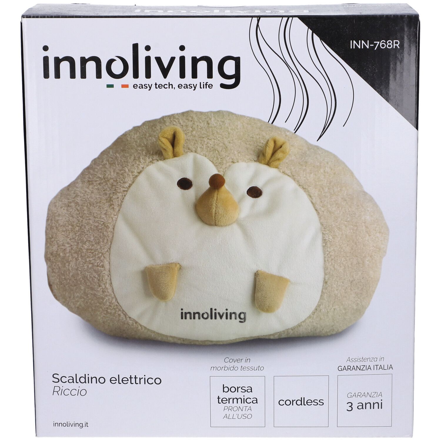Innoliving Scaldino Elettrico Riccio. Forma di riccio beige. Confezione con immagine e testo. Cordless, garanzia 3 anni.