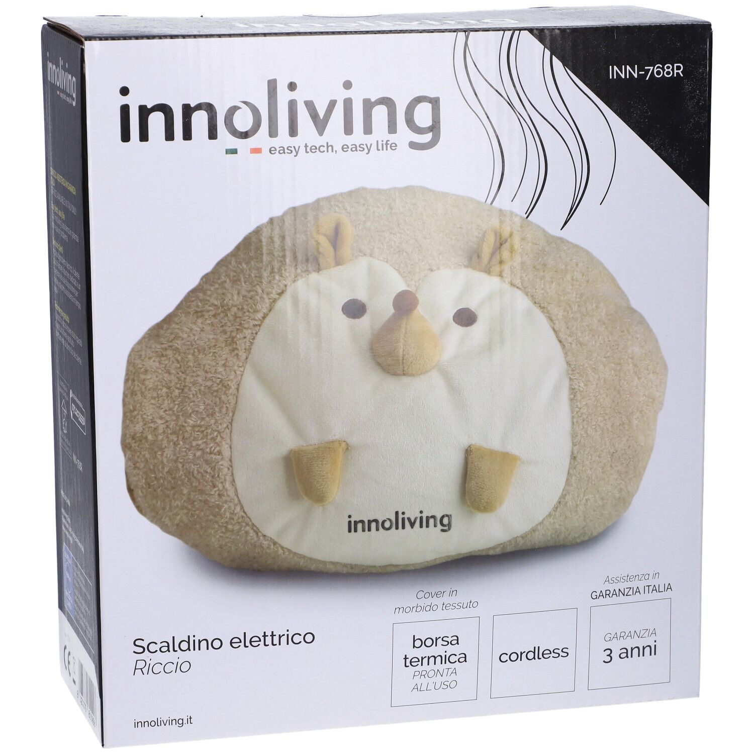 Innoliving Scaldino Elettrico Riccio. Forma di riccio beige. Confezione con immagine e testo. Cordless, garanzia 3 anni.