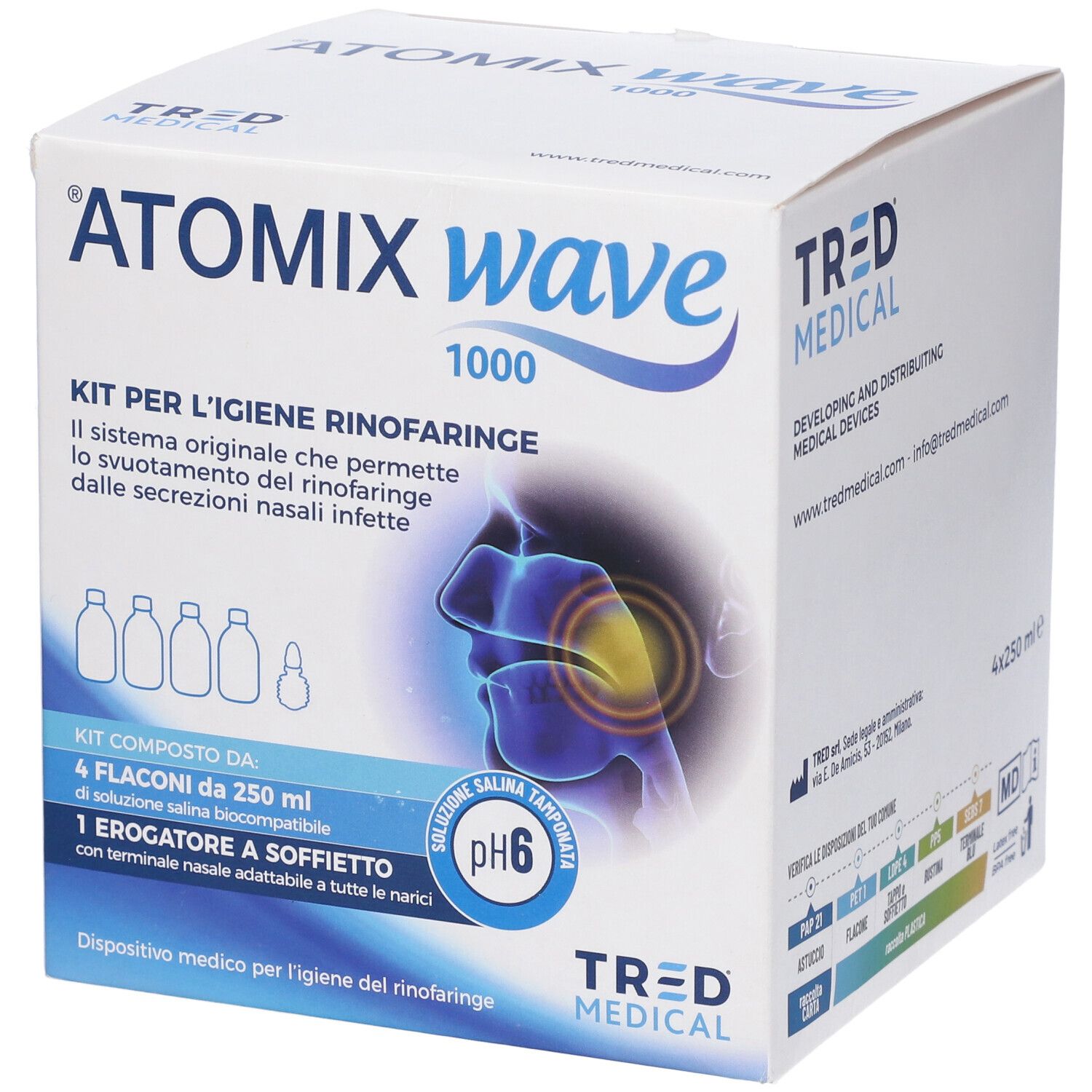 Atomix Wave Dispositivo Per Igiene Rinofaringea Atomix Soluzione Salina 4 Flaconi Da 250 Ml