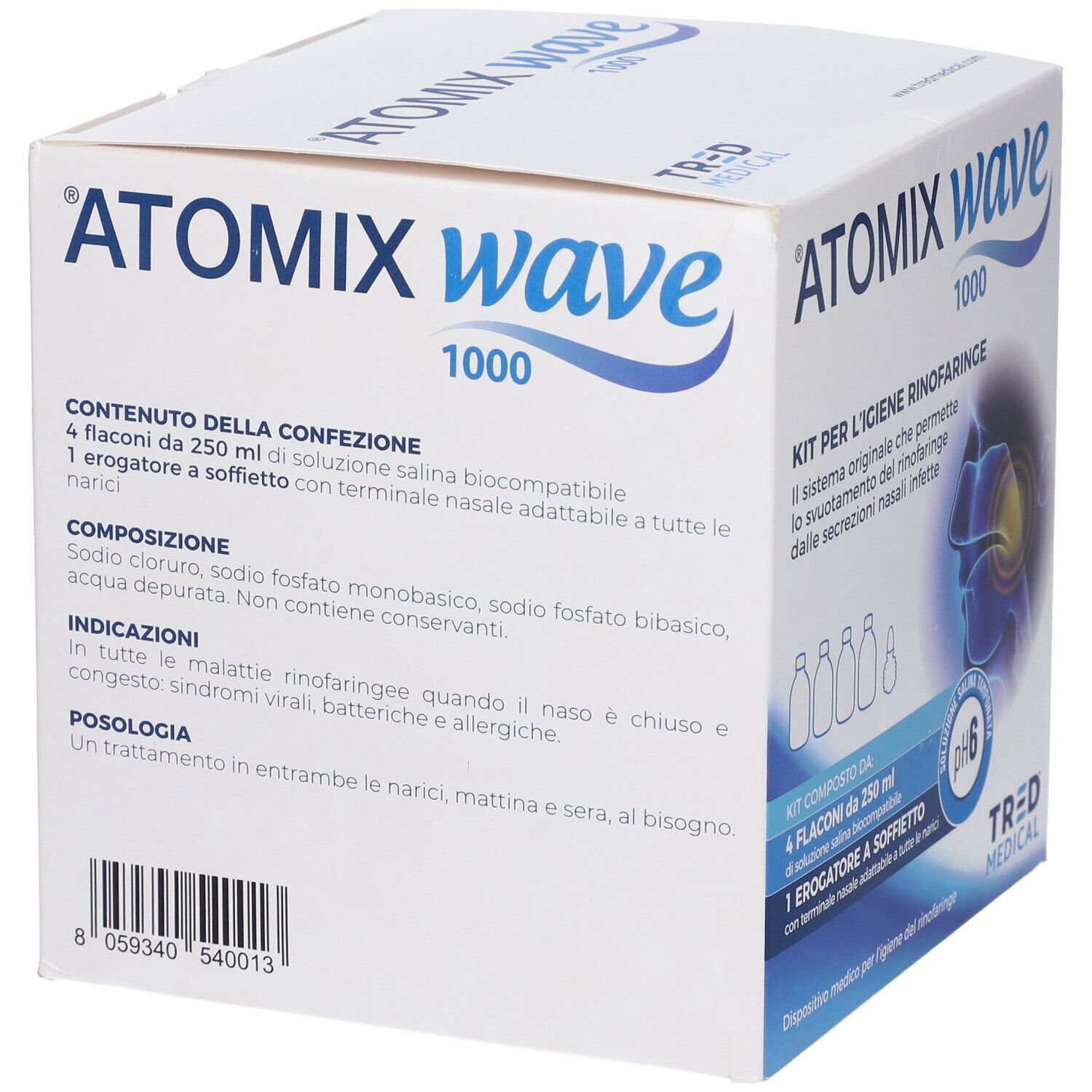 Atomix Wave Dispositivo Per Igiene Rinofaringea Atomix Soluzione Salina 4 Flaconi Da 250 Ml