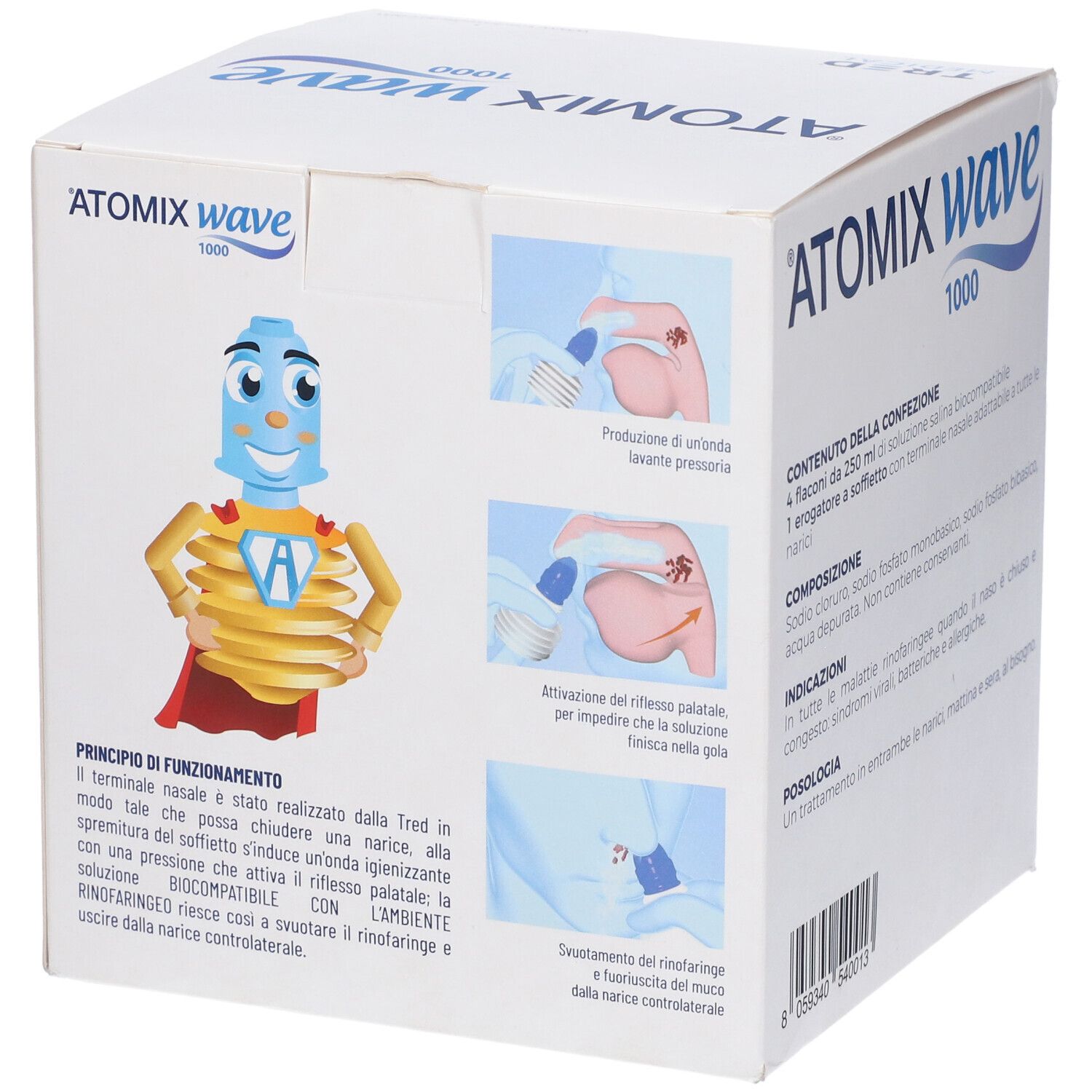 Atomix Wave Dispositivo Per Igiene Rinofaringea Atomix Soluzione Salina 4 Flaconi Da 250 Ml