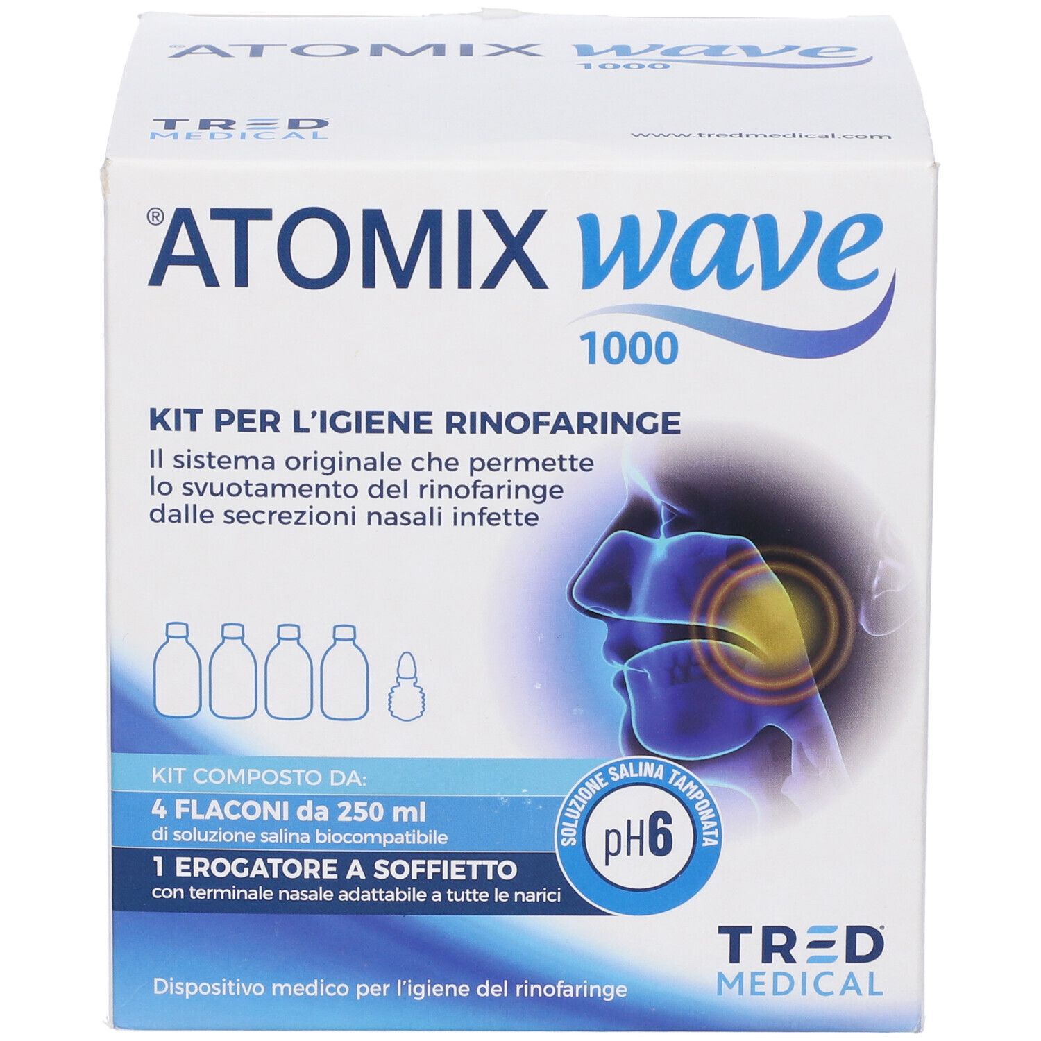 Atomix Wave Dispositivo Per Igiene Rinofaringea Atomix Soluzione Salina 4 Flaconi Da 250 Ml