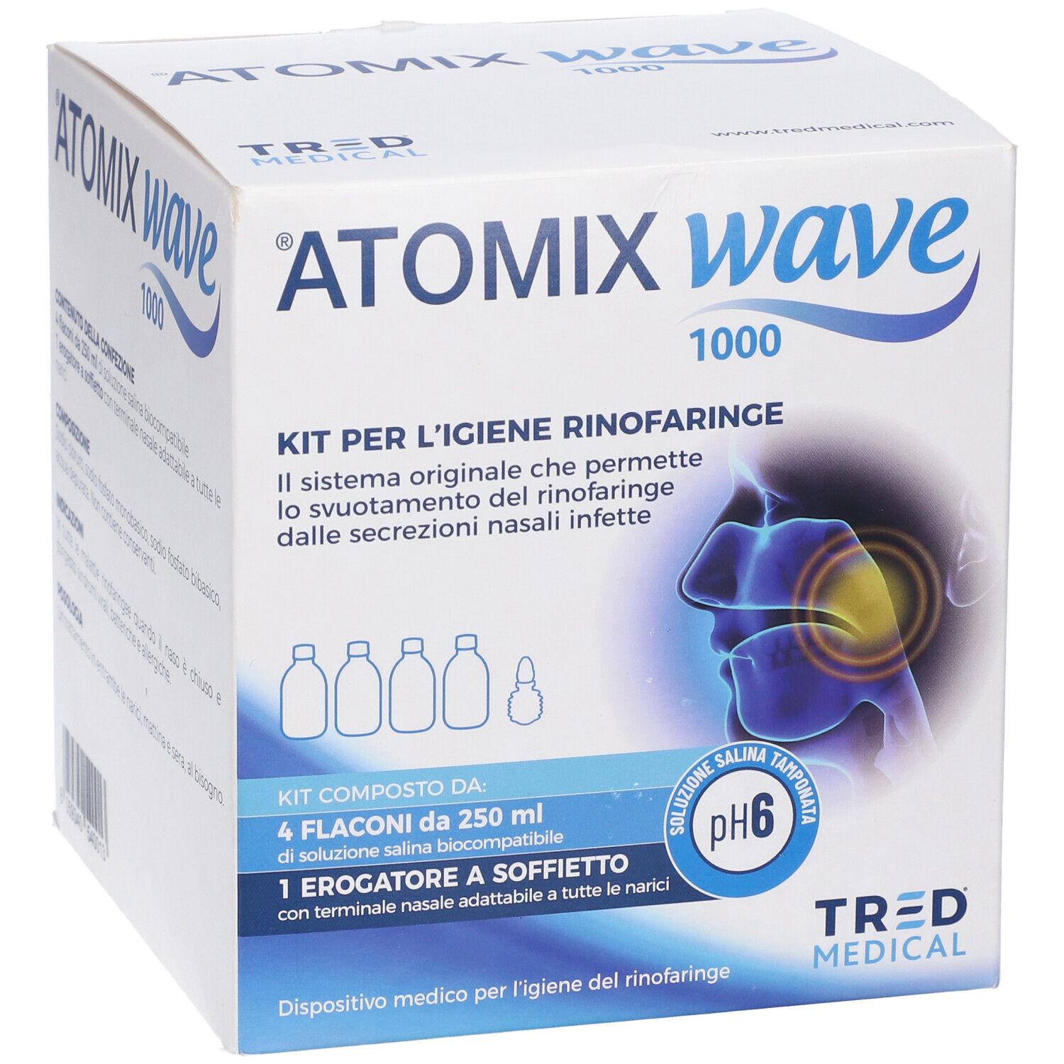 Atomix Wave Dispositivo Per Igiene Rinofaringea Atomix Soluzione Salina 4 Flaconi Da 250 Ml