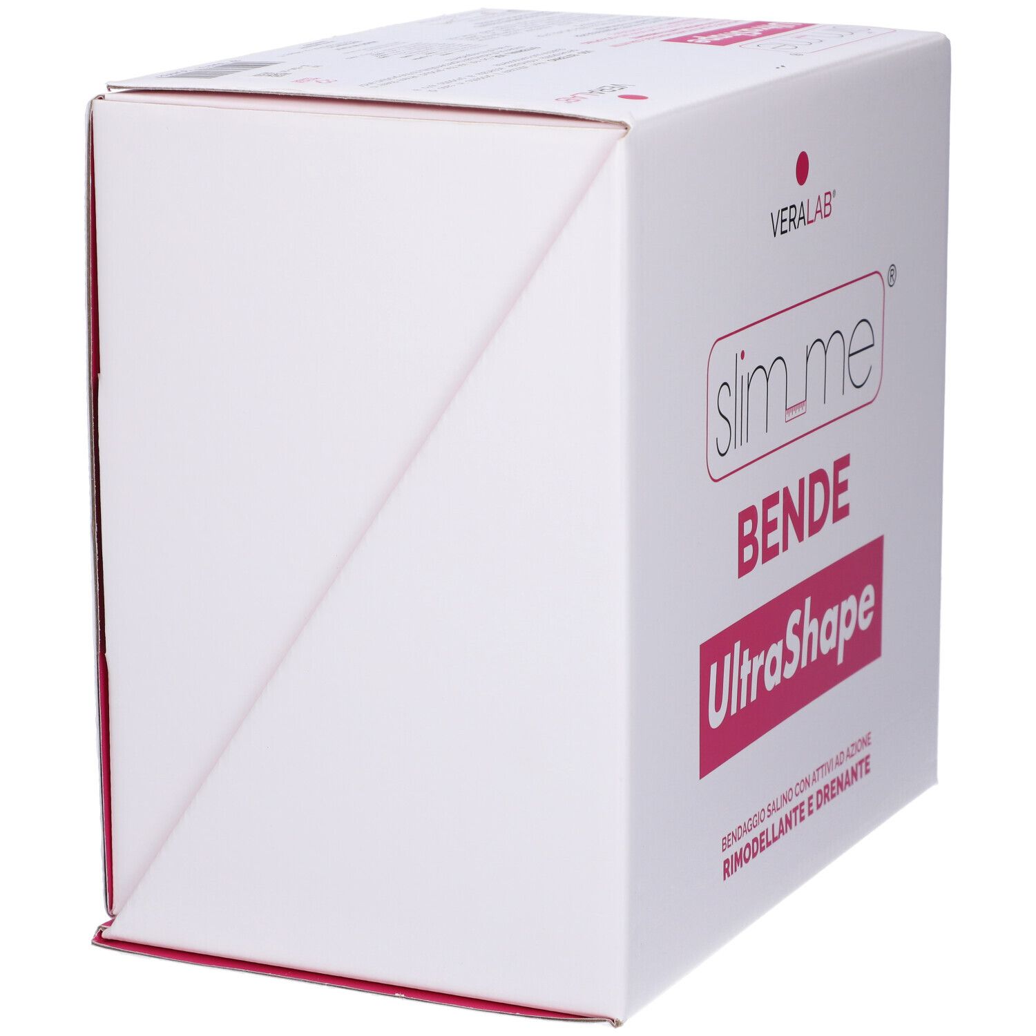 Confezione bianca, vista diagonale. Slim Me Bende Ultrashape. Logo Veralab. Accenti rosa.