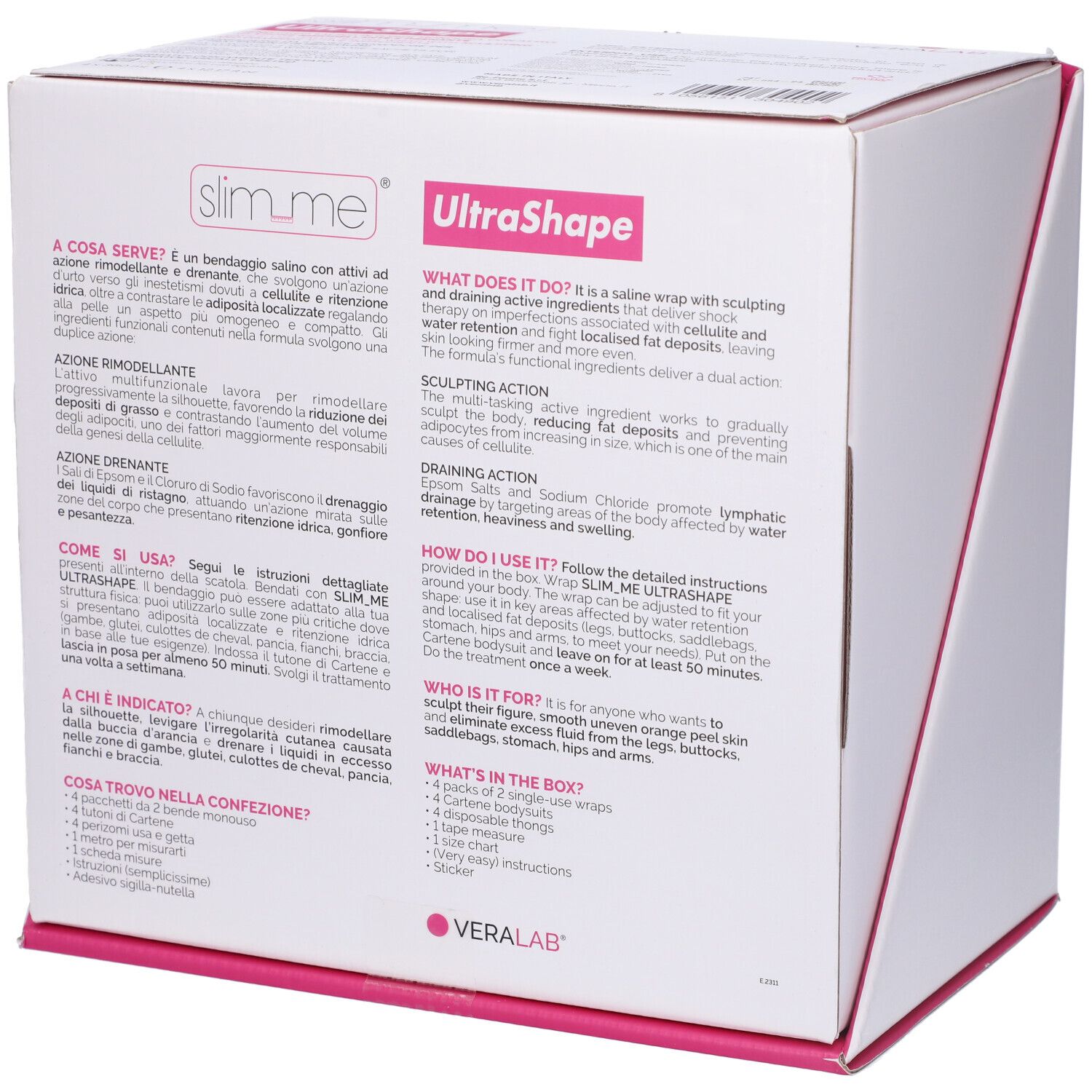 Retro della confezione. Slim Me Bende Ultrashape. Testo in italiano e inglese. Logo Veralab. Accenti rosa.