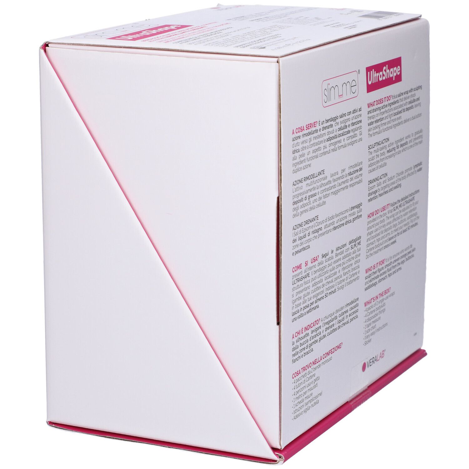 Confezione bianca, vista diagonale. Slim Me Bende Ultrashape. Testo in italiano. Logo Veralab. Accenti rosa.