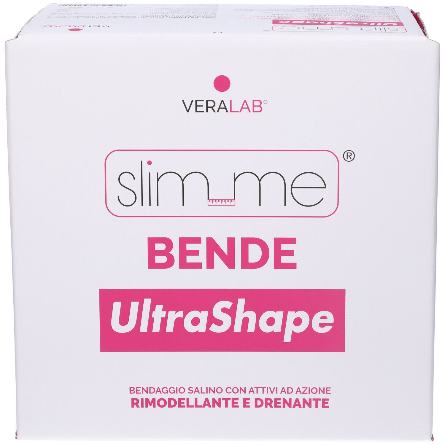 Confezione bianca con testo rosa. Slim Me Bende Ultrashape. Logo Veralab. Testo: Bendaggio con ingredienti attivi.