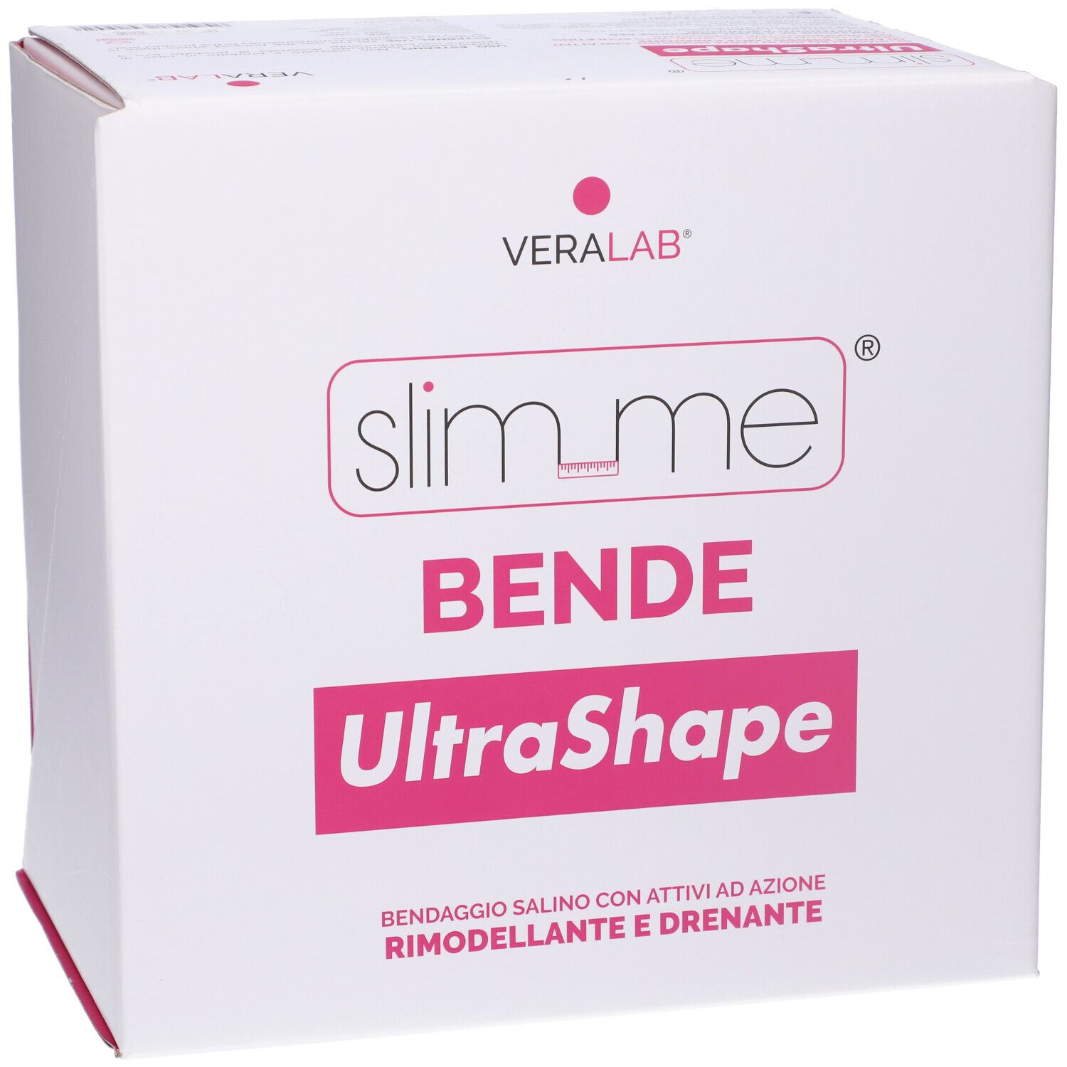 Confezione bianca con testo rosa. Slim Me Bende Ultrashape. Logo Veralab. Testo: Bendaggio con ingredienti attivi.
