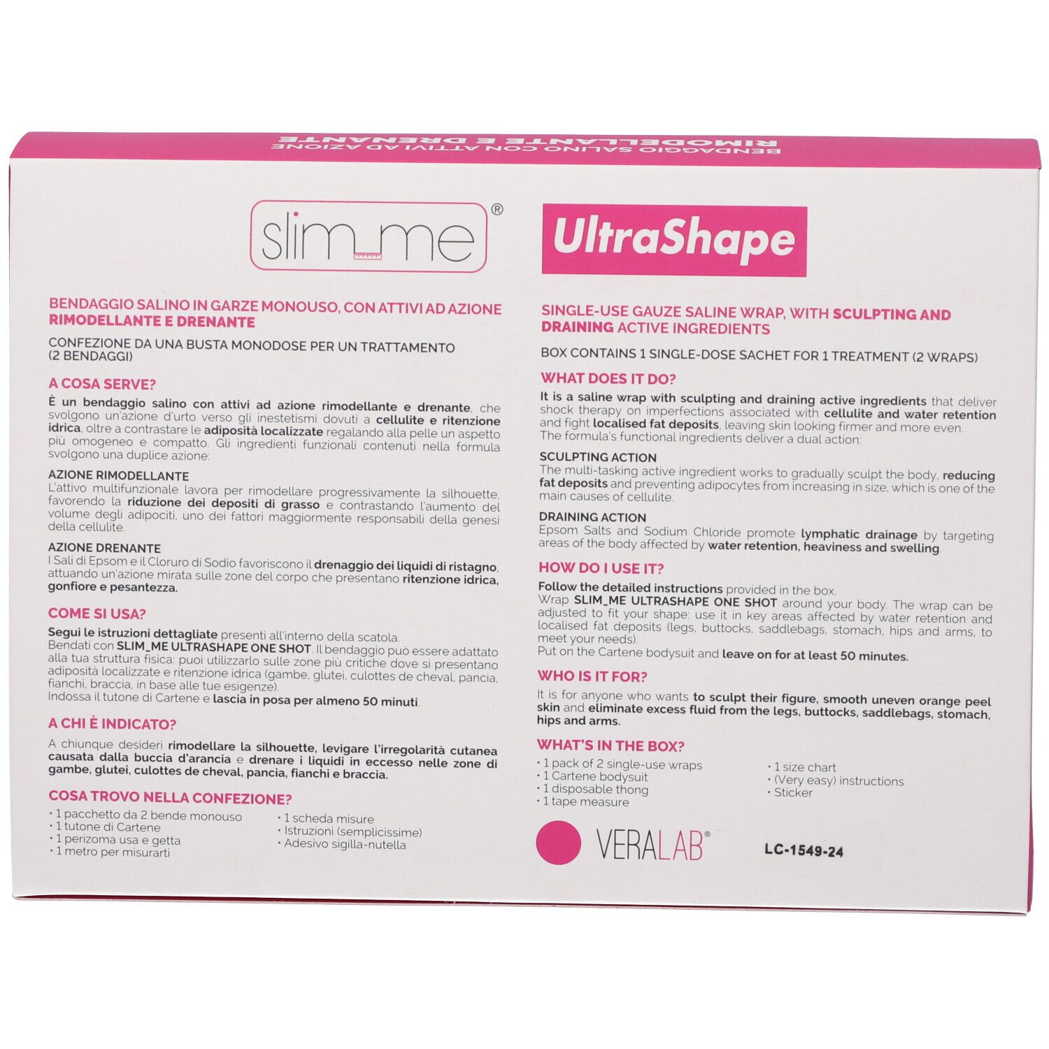 Confezione del prodotto con testo e informazioni. Contiene informazioni sull'uso e sugli ingredienti. Marchio: VERALAB.