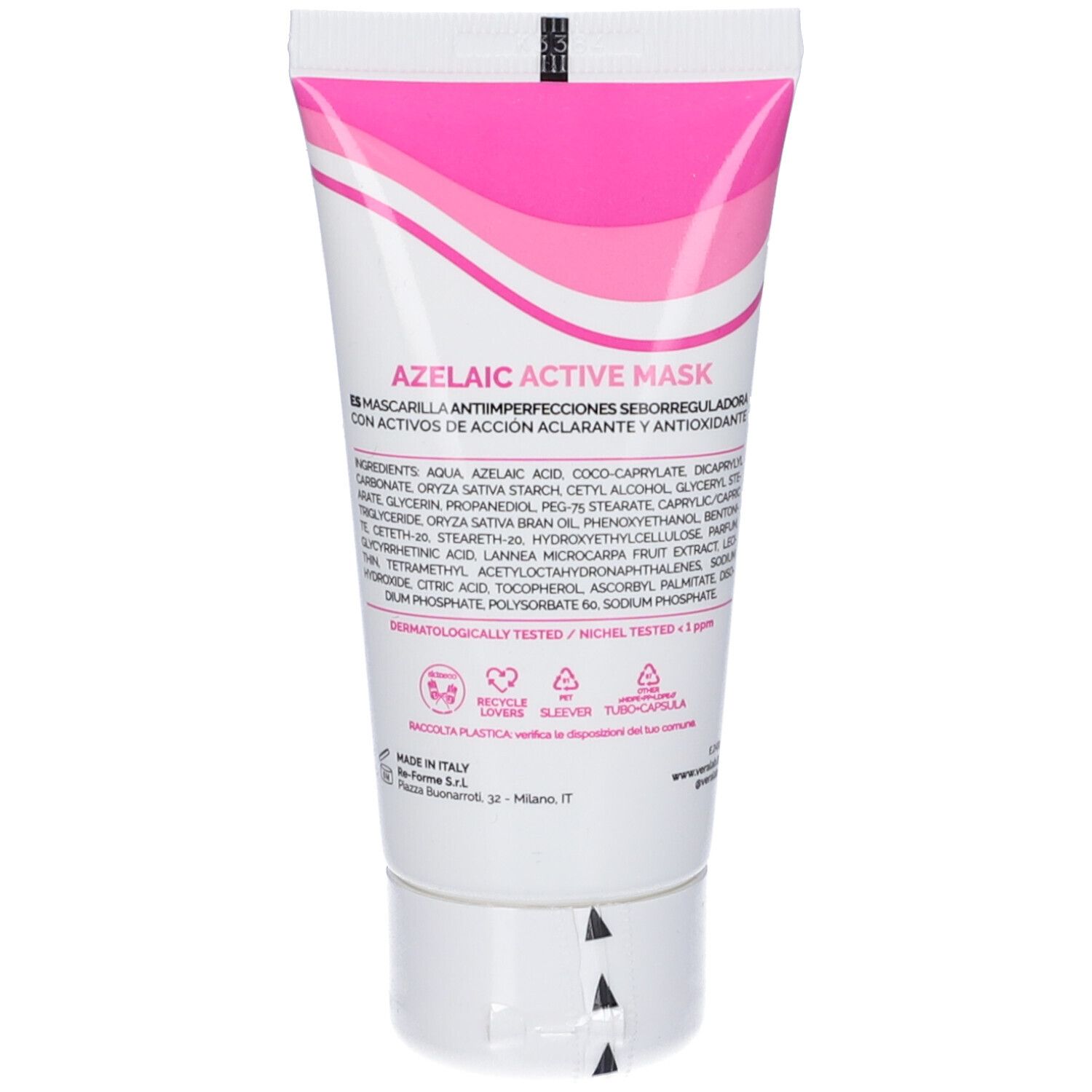 Retro del tubo bianco. Contiene ingredienti e informazioni in italiano.