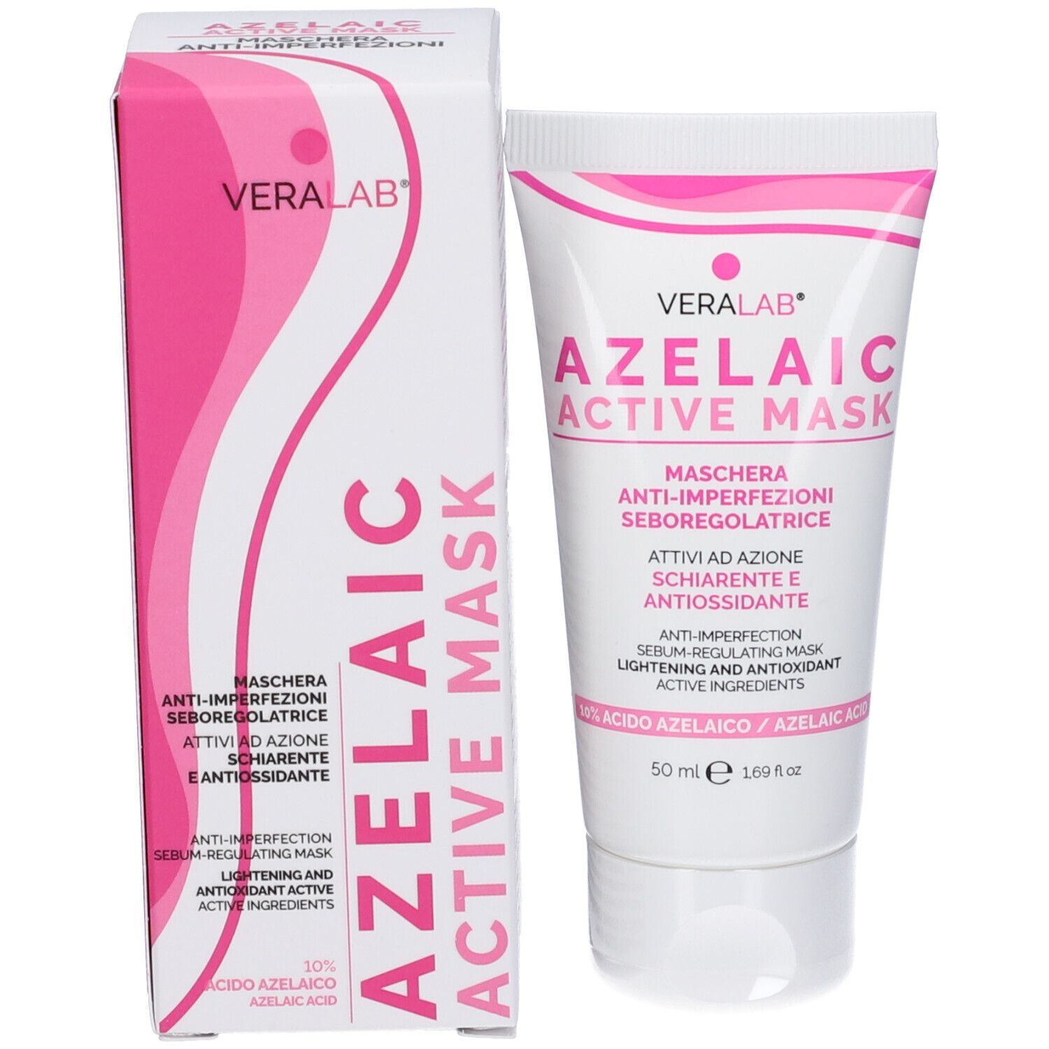 Confezione del prodotto: tubo e scatola. Scritta: Veralab Azelaic Active Mask. Rosa e bianco.