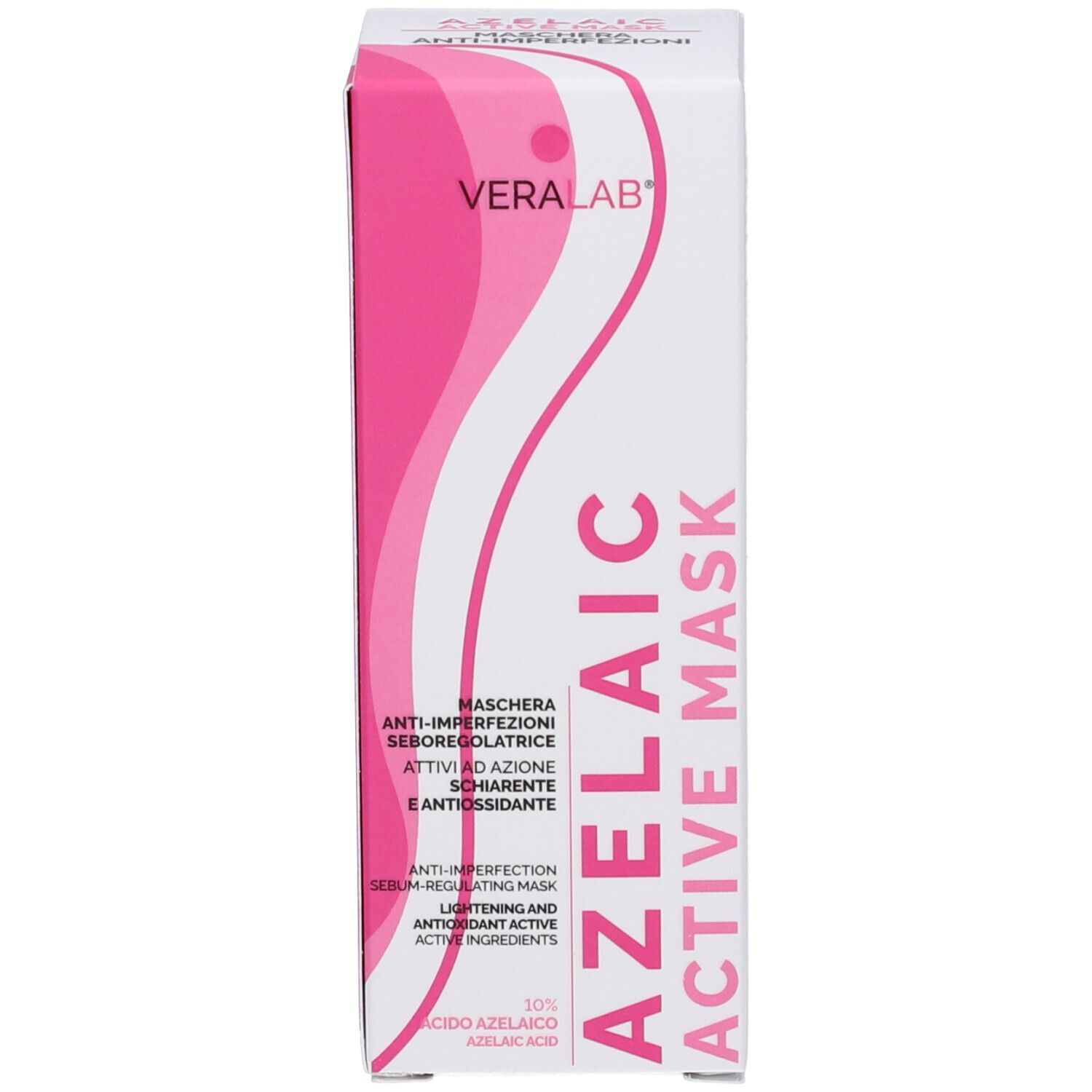 Scatola bianca con dettagli rosa. Scritta: Azelaic Active Mask. Testo in italiano.