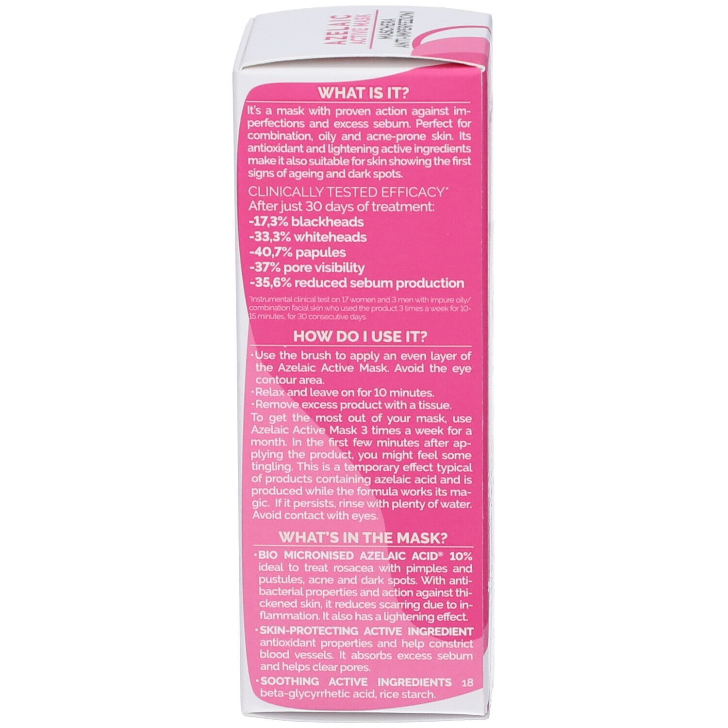 Lato della scatola. Testo in italiano. Contiene informazioni sull'uso e gli ingredienti.