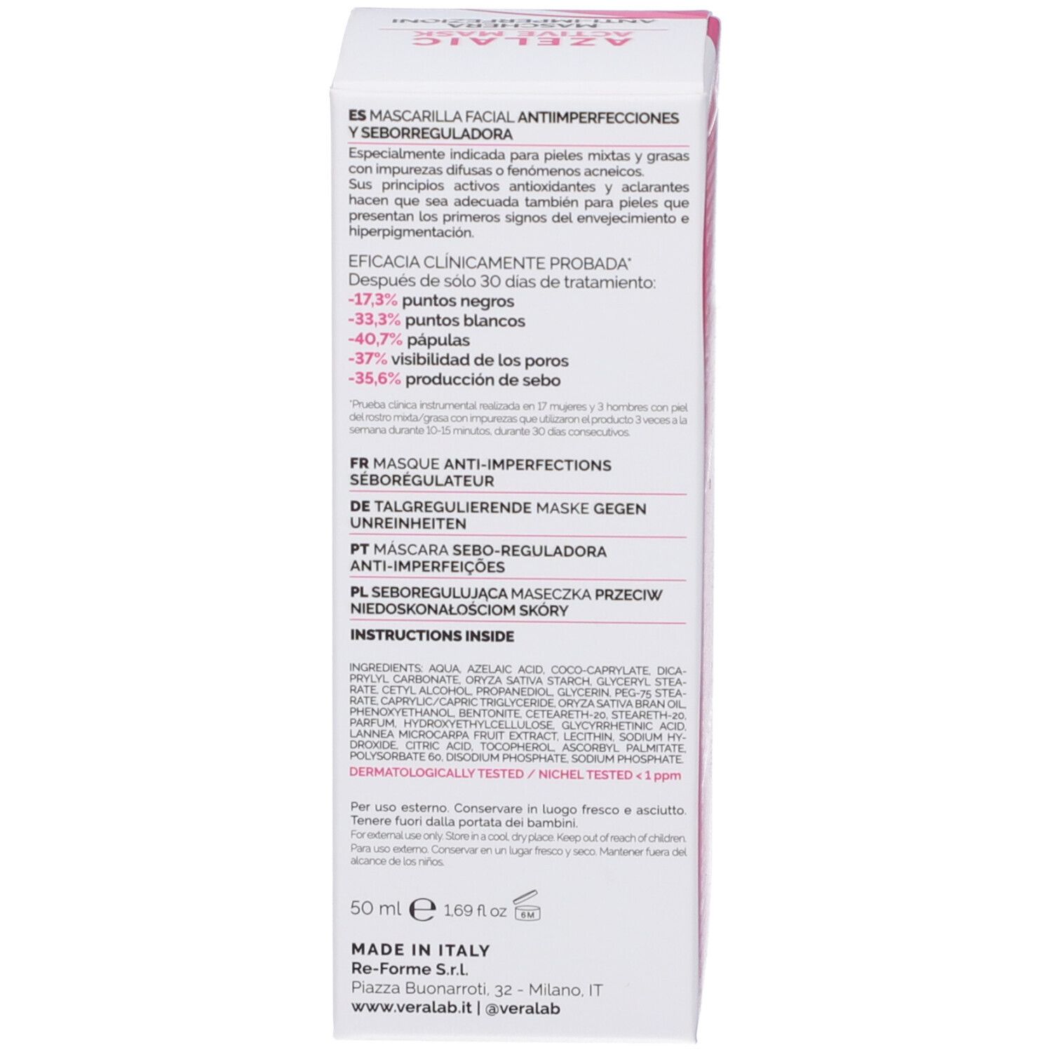 Lato della scatola con testo in diverse lingue, tra cui italiano e francese.