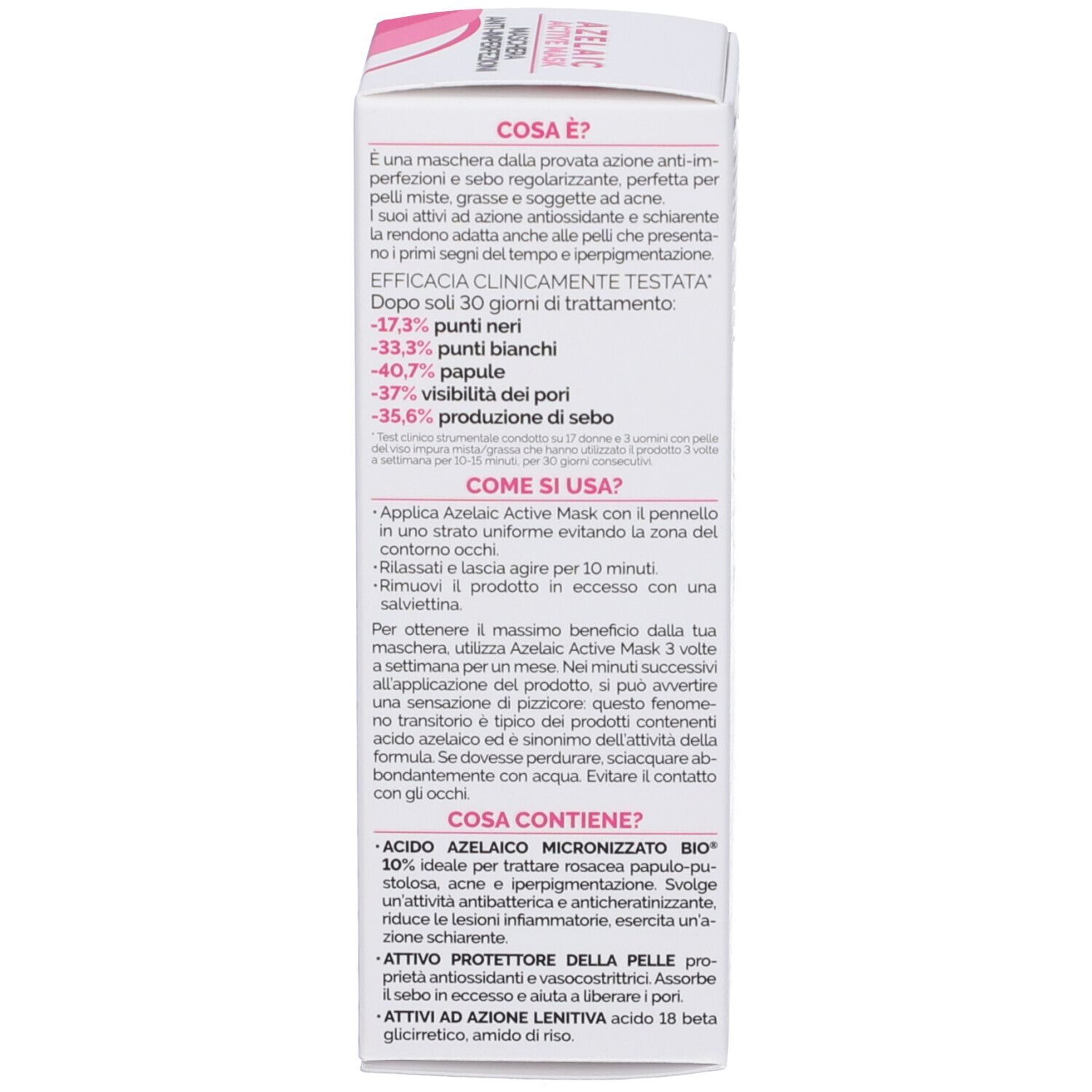 Lato della scatola con testo in italiano. Descrive l'uso e gli ingredienti.