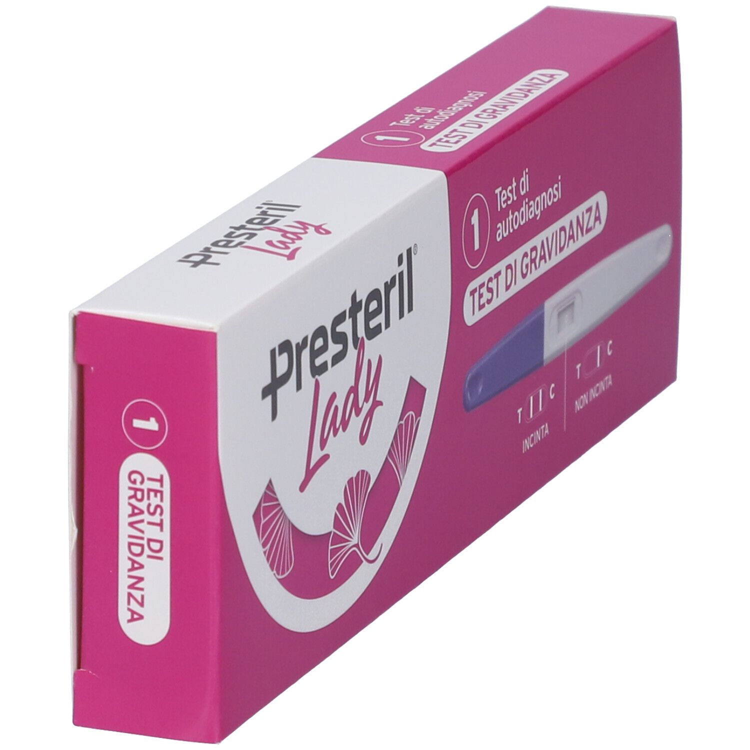 Confezione Lady Presteril Test Di Gravidanza, rosa e bianca. Mostra il nome del prodotto e l'immagine del test.
