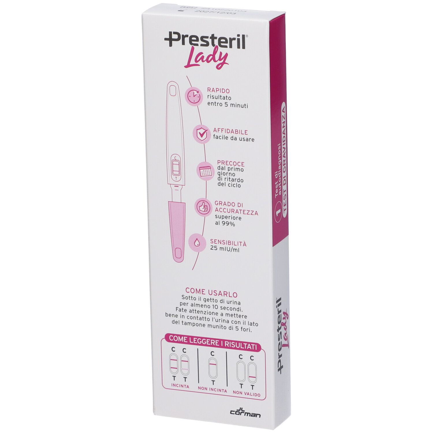 Retro della confezione Lady Presteril Test Di Gravidanza. Contiene informazioni sull'uso e sui risultati.