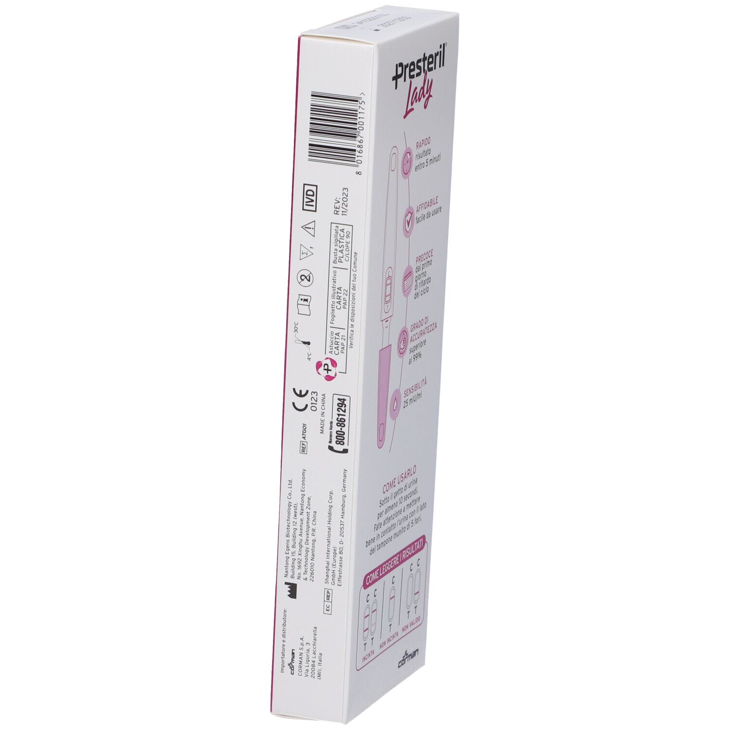 Lato della confezione Lady Presteril Test Di Gravidanza. Mostra informazioni, simboli e dettagli del produttore.