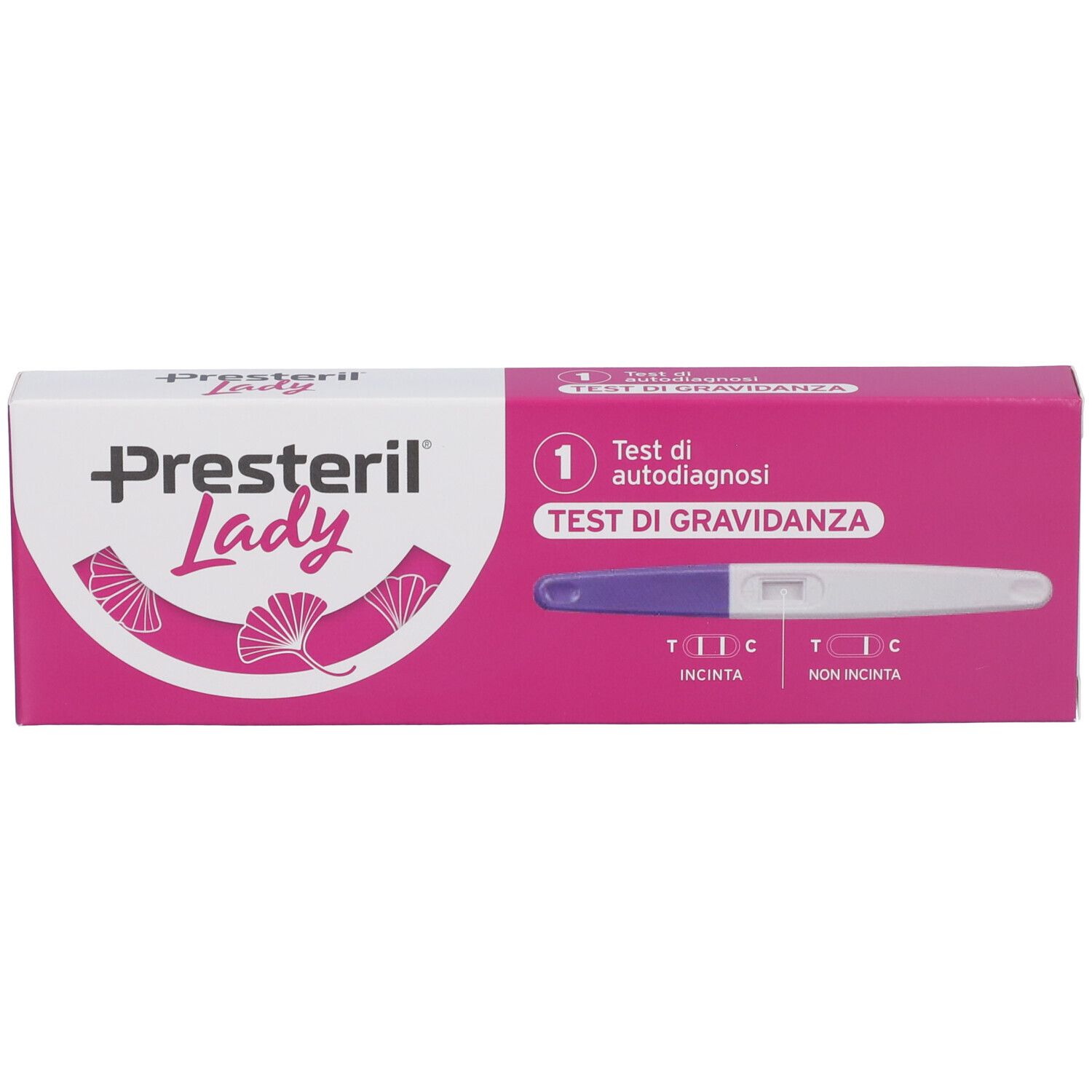 Confezione di Lady Presteril Test Di Gravidanza. Scatola rosa e bianca con immagine del test e nome del prodotto.