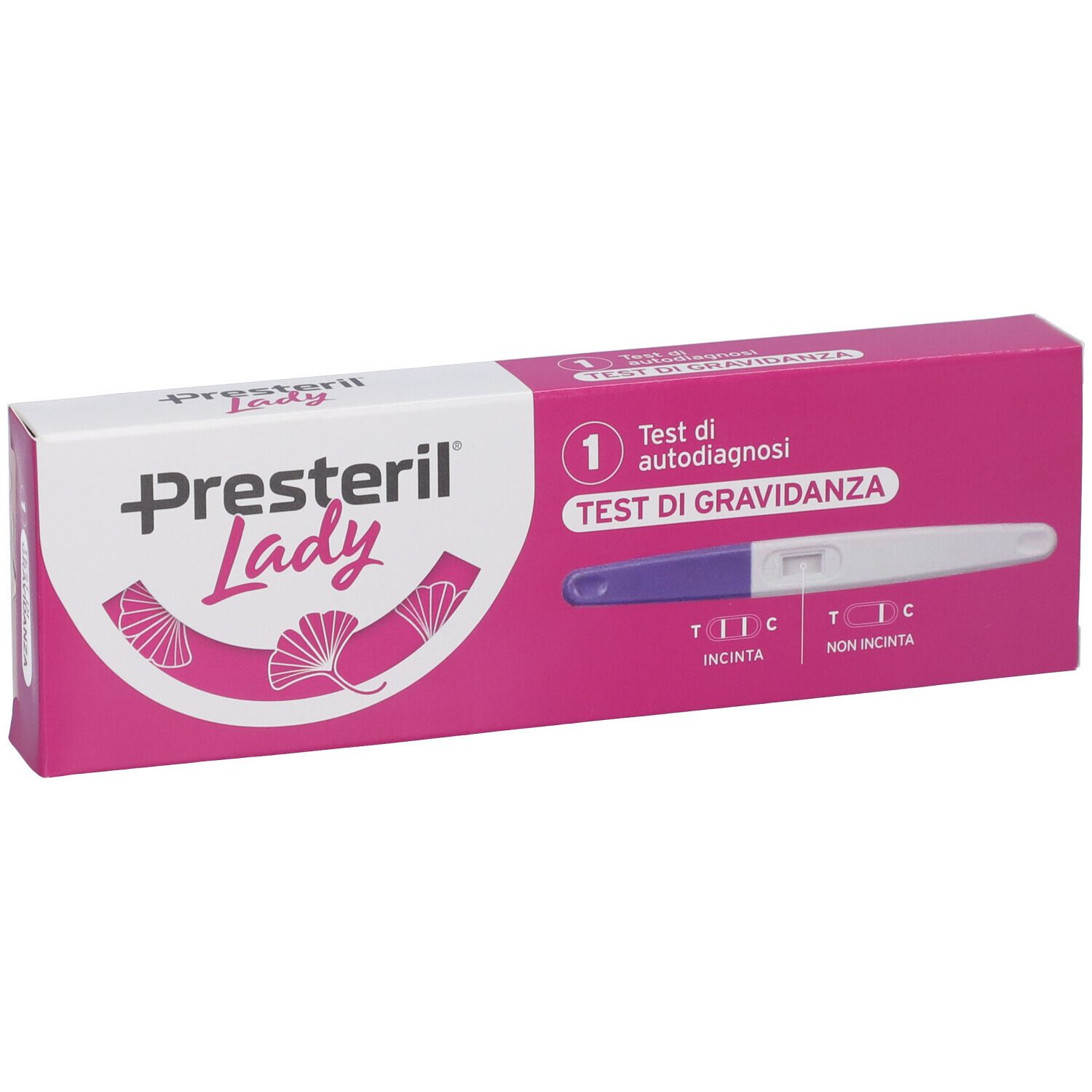 Confezione di Lady Presteril Test Di Gravidanza. Scatola rosa e bianca con immagine del test e nome del prodotto.