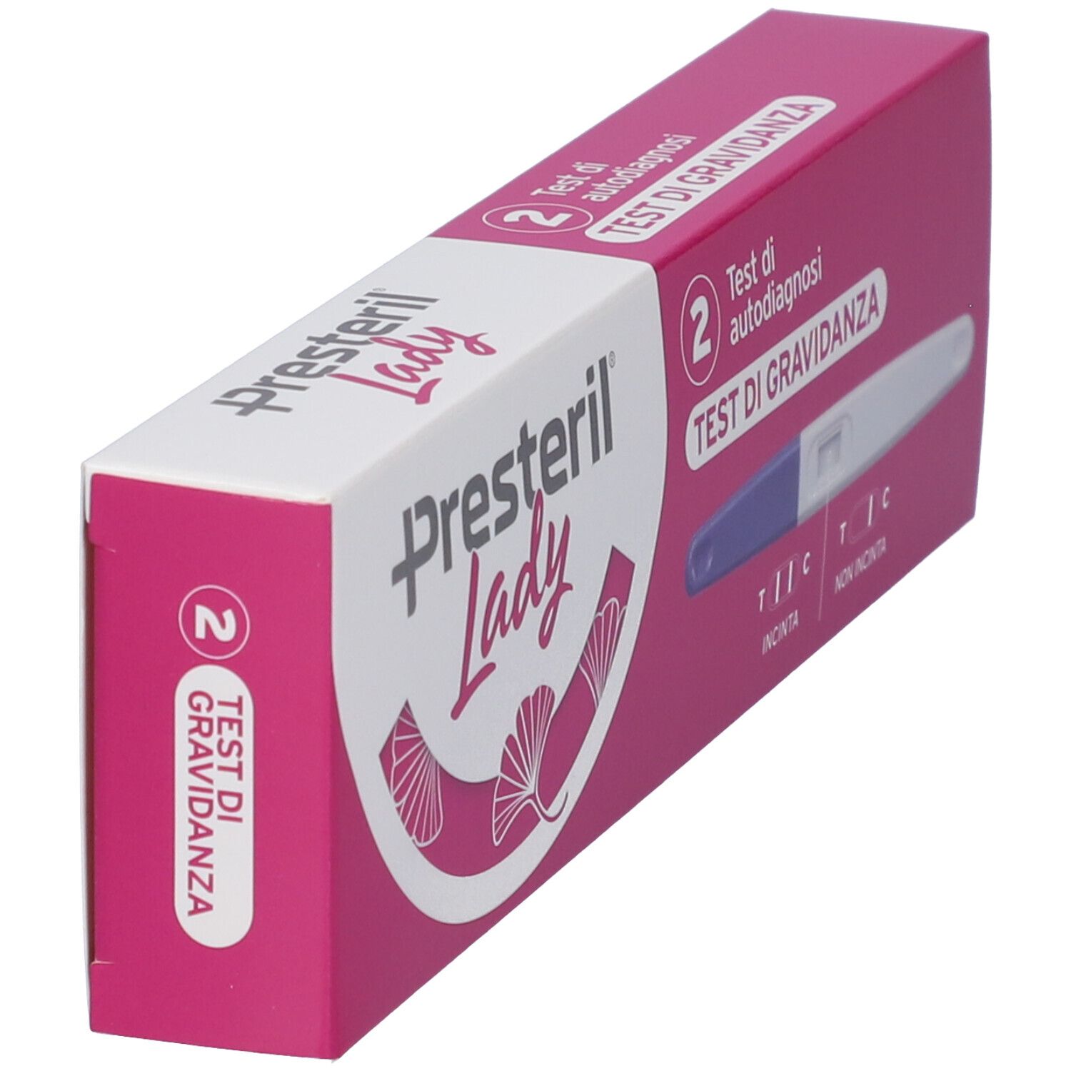 Confezione test di gravidanza Lady Presteril, angolata. Scatola rosa e bianca con nome prodotto e immagine striscia.