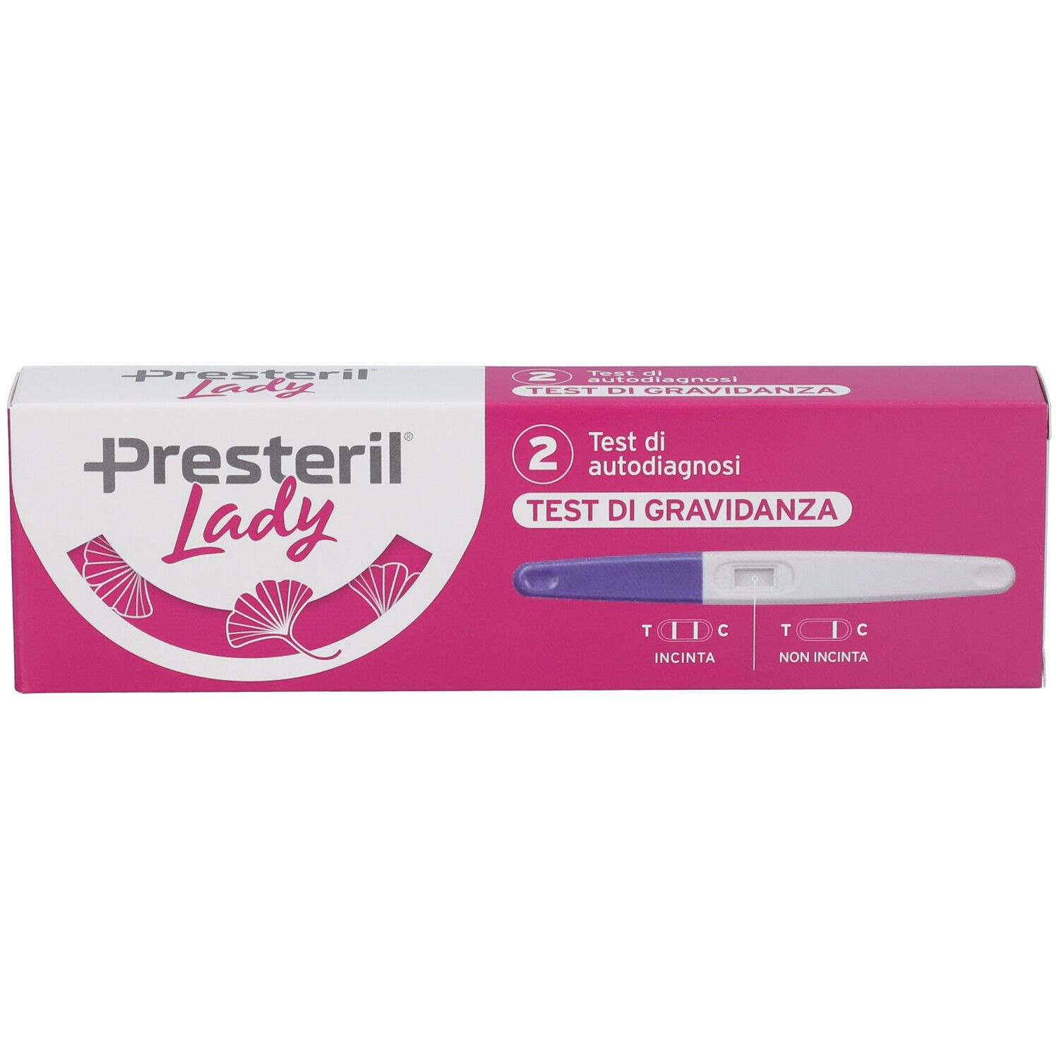 Confezione test di gravidanza Lady Presteril. Scatola rosa e bianca con immagine striscia e nome del prodotto.