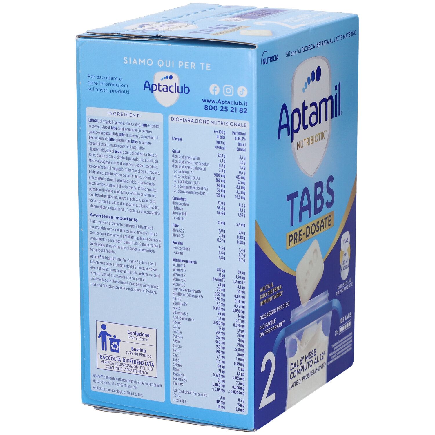 Retro della confezione Aptamil Tabs 2 in Bustine. Contiene informazioni nutrizionali e contatti. Testo: Aptaclub, Dichiarazione Nutrizionale.
