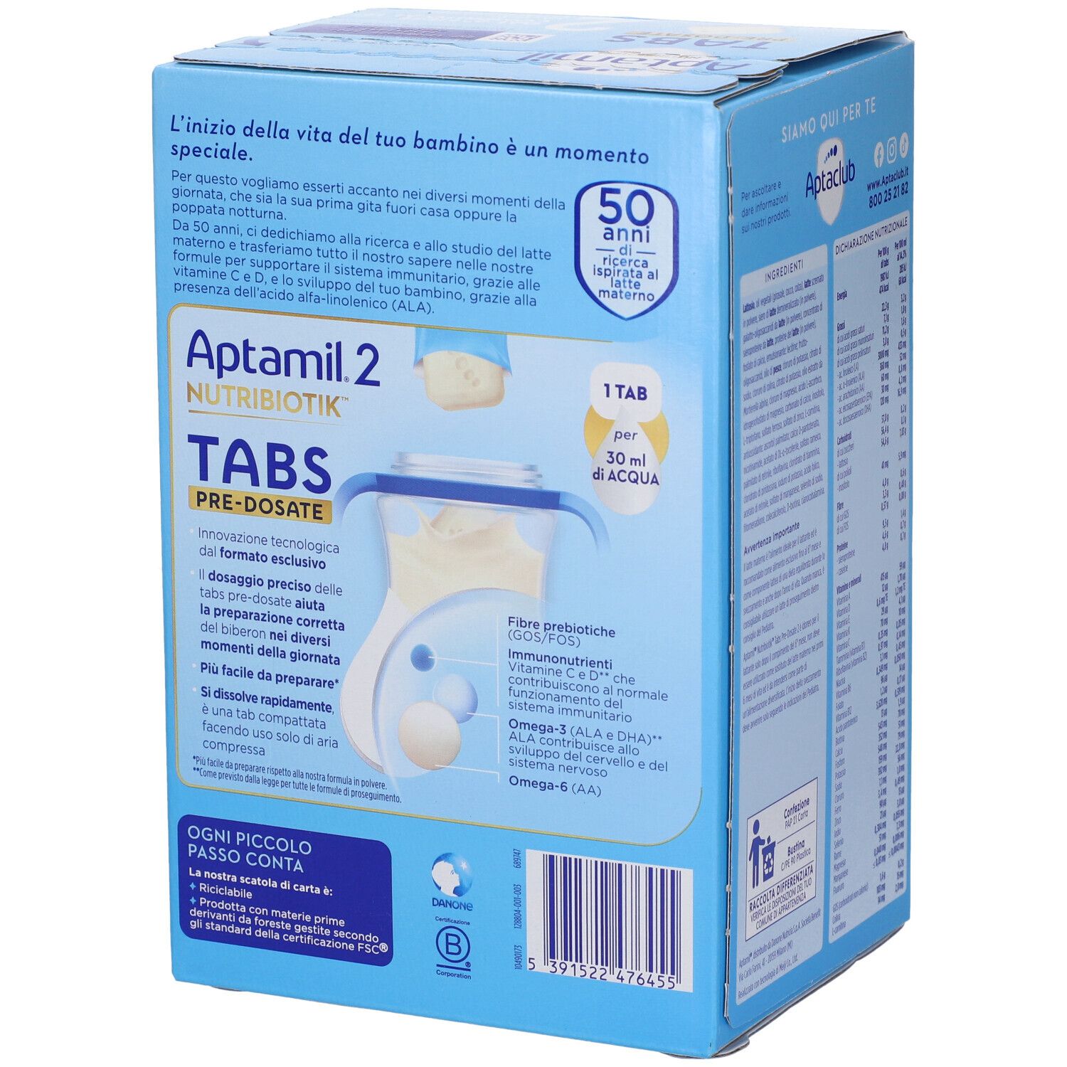 Lato della confezione Aptamil Tabs 2 in Bustine. Contiene informazioni sull'uso e sugli ingredienti. Testo: Aptamil 2 Nutribiotik, 1 tab per 30 ml di acqua.