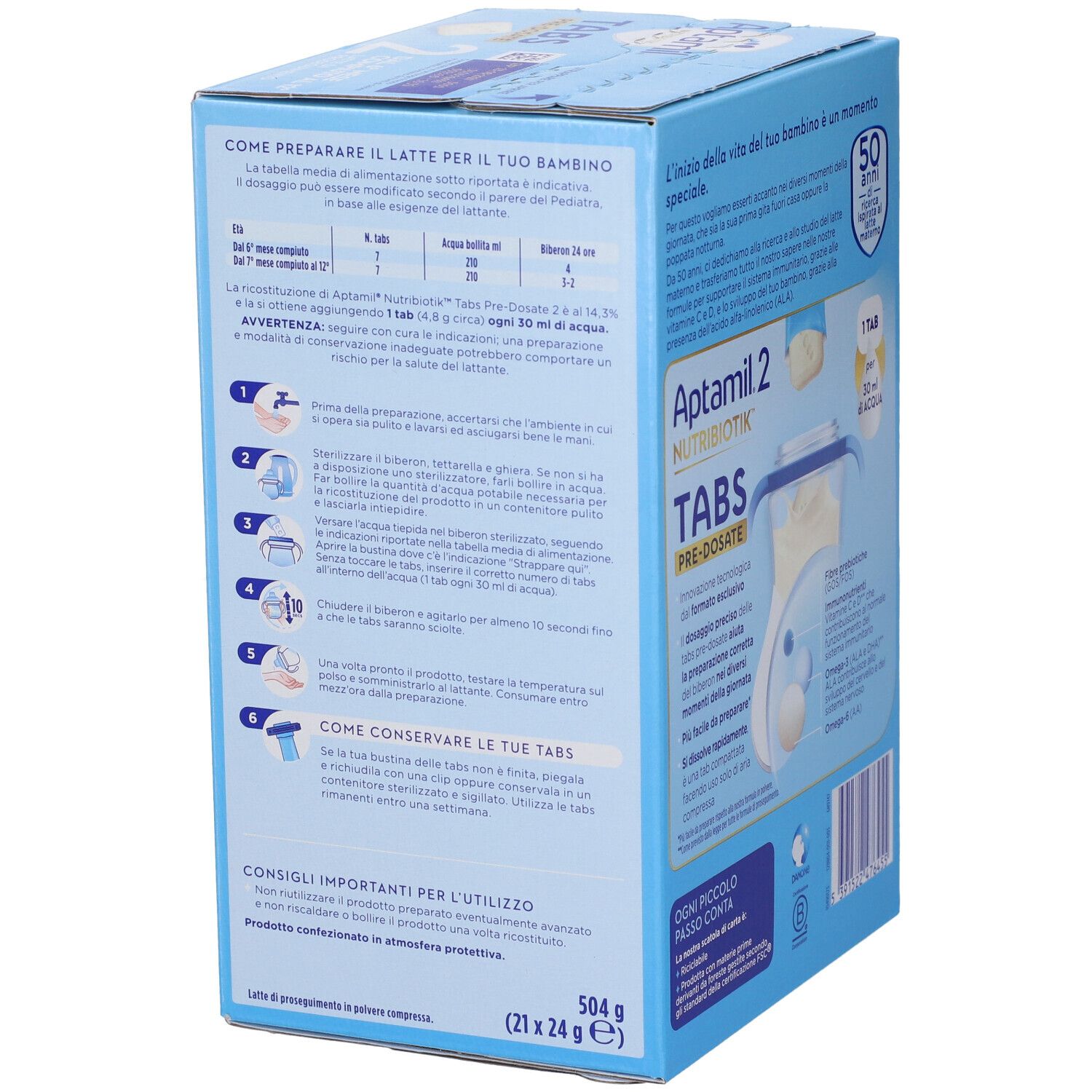 Lato della confezione Aptamil Tabs 2 in Bustine. Contiene informazioni sulla preparazione e conservazione. Testo: Aptamil 2 Nutribiotik, 1 tab per 30 ml di acqua.
