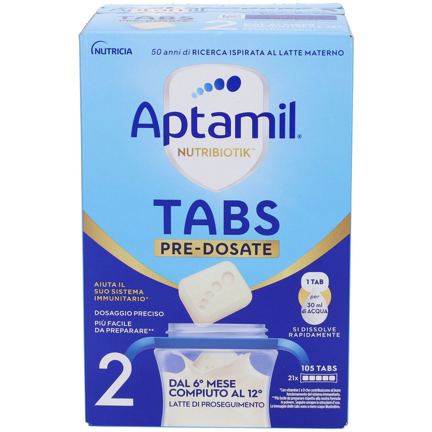 Confezione Aptamil Tabs 2 in Bustine. Blu, con nome del prodotto e immagine dei tabs. Contiene 105 tabs. Testo: « Dal 6° mese compiuto al 12° ».