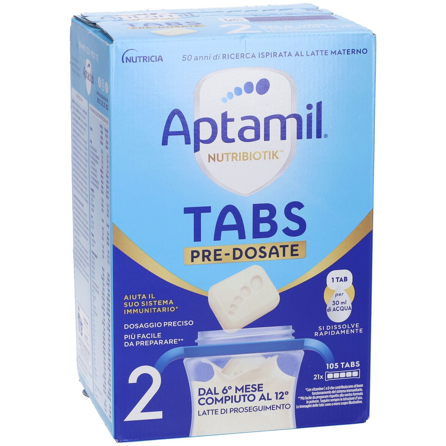 Confezione Aptamil Tabs 2 in Bustine. Blu, con nome del prodotto e immagine dei tabs. Contiene 105 tabs. Testo: « Dal 6° mese compiuto al 12° ».