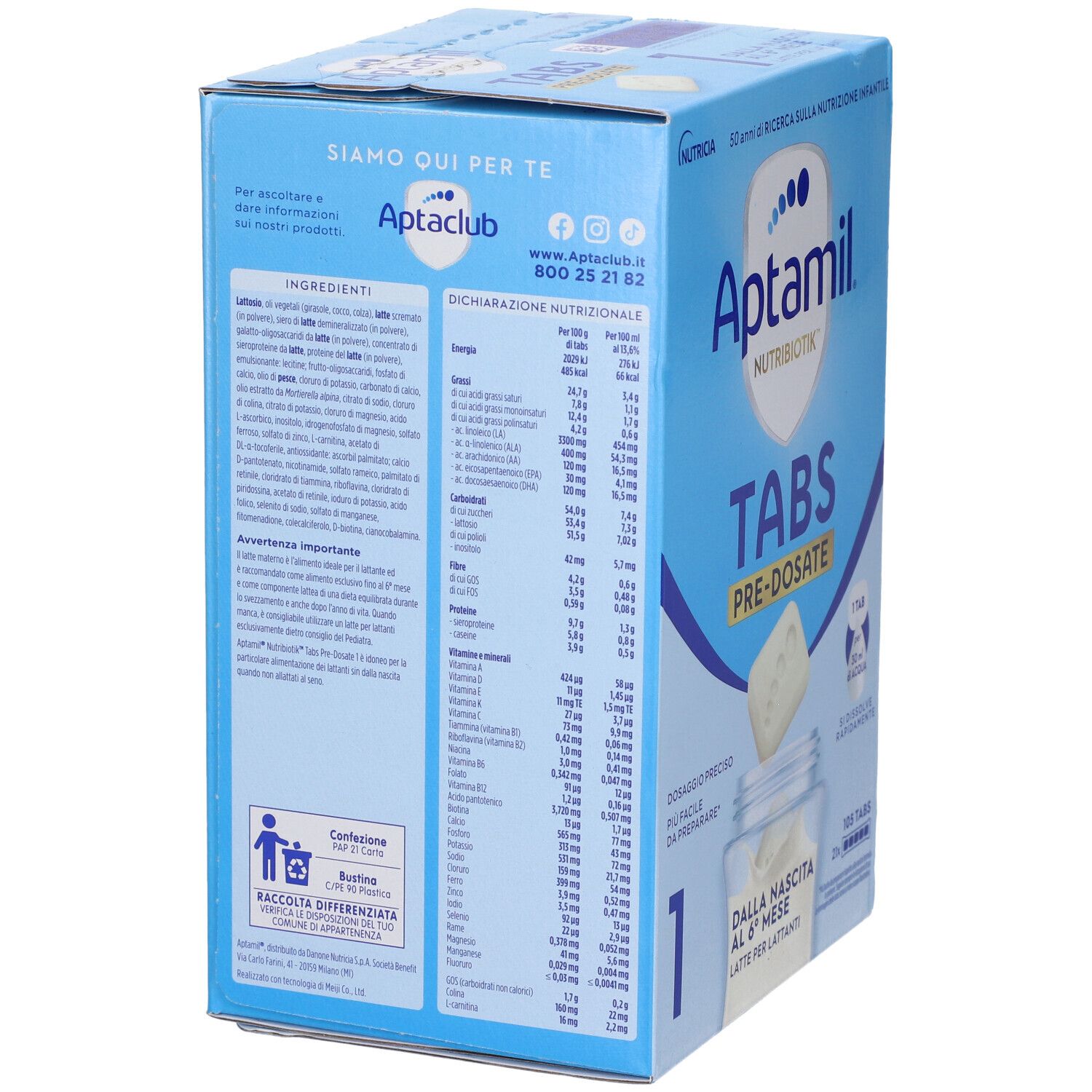 Retro della confezione Aptamil Tabs. Contiene informazioni sugli ingredienti e il valore nutrizionale. Aptamil Tabs, Pre-Dosate, 1, Nutricia.
