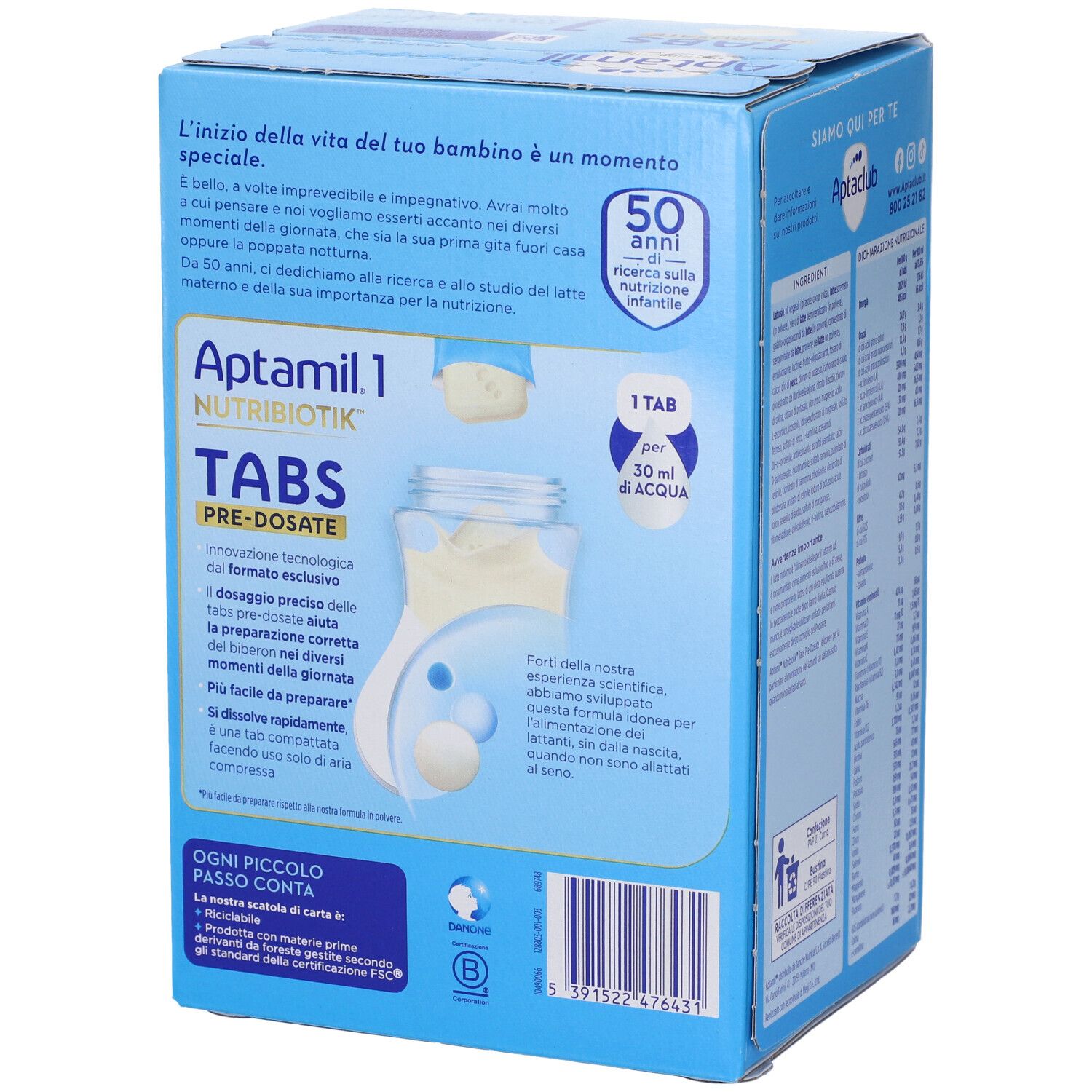 Lato della confezione Aptamil Tabs. Contiene informazioni sulla preparazione e il contenuto. Aptamil 1, Tabs, Pre-Dosate, Nutribiotik.