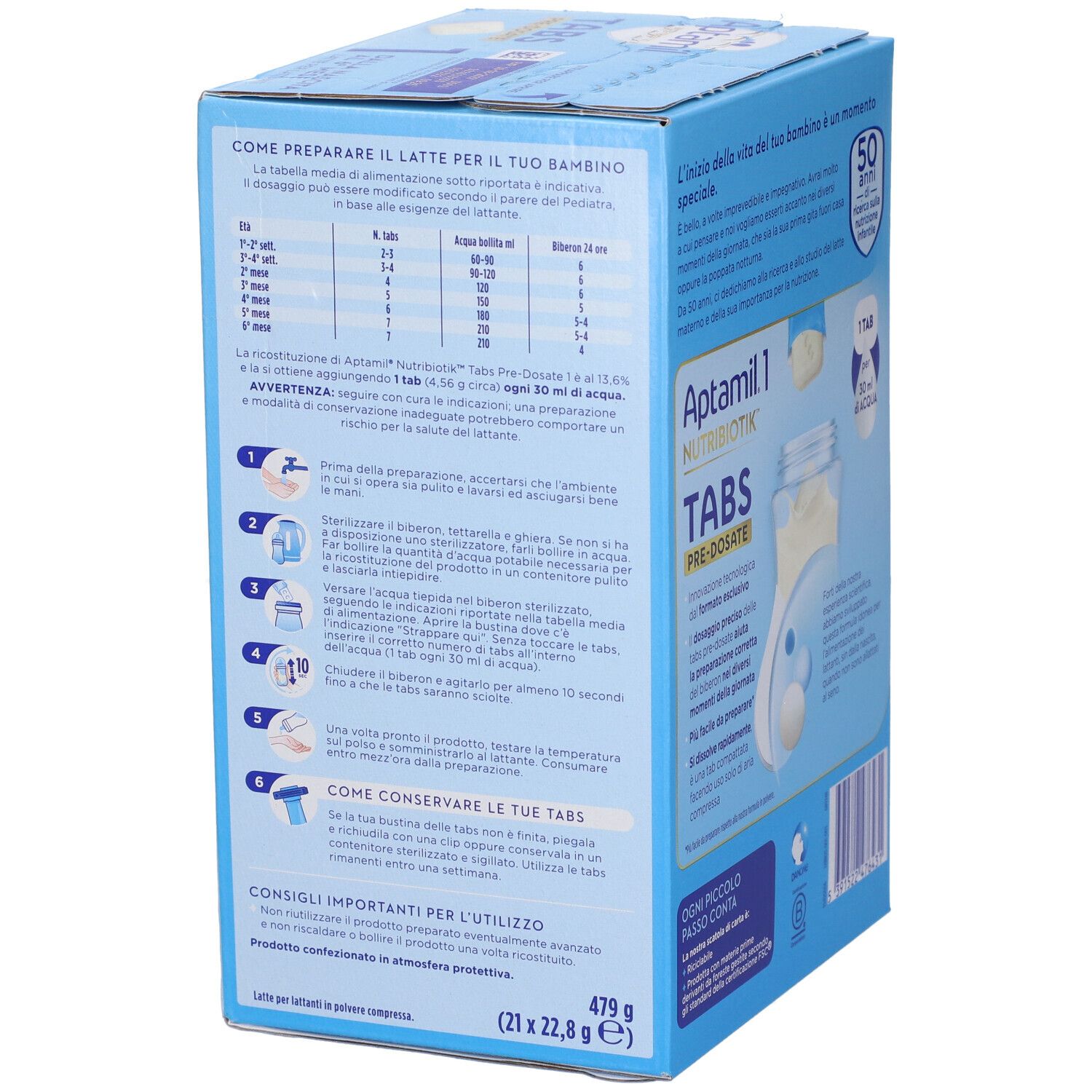 Lato della confezione Aptamil Tabs. Contiene informazioni sulla preparazione e la conservazione. Aptamil 1, Tabs, Pre-Dosate, 479g.
