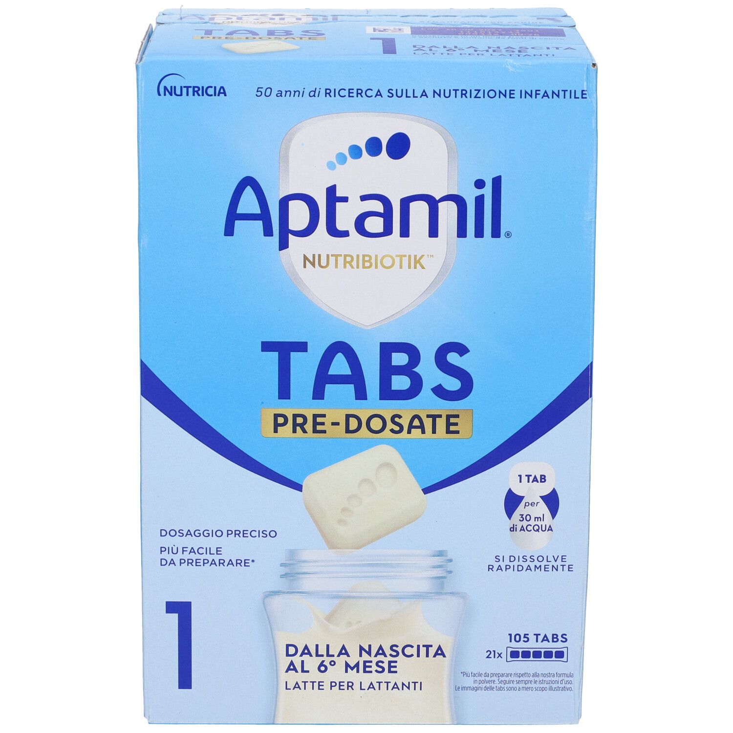 Scatola blu Aptamil Tabs. Scritte: Aptamil, Tabs, 1, Pre-Dosate, 105 Tabs. Raffigurati una pastiglia e un bicchiere.