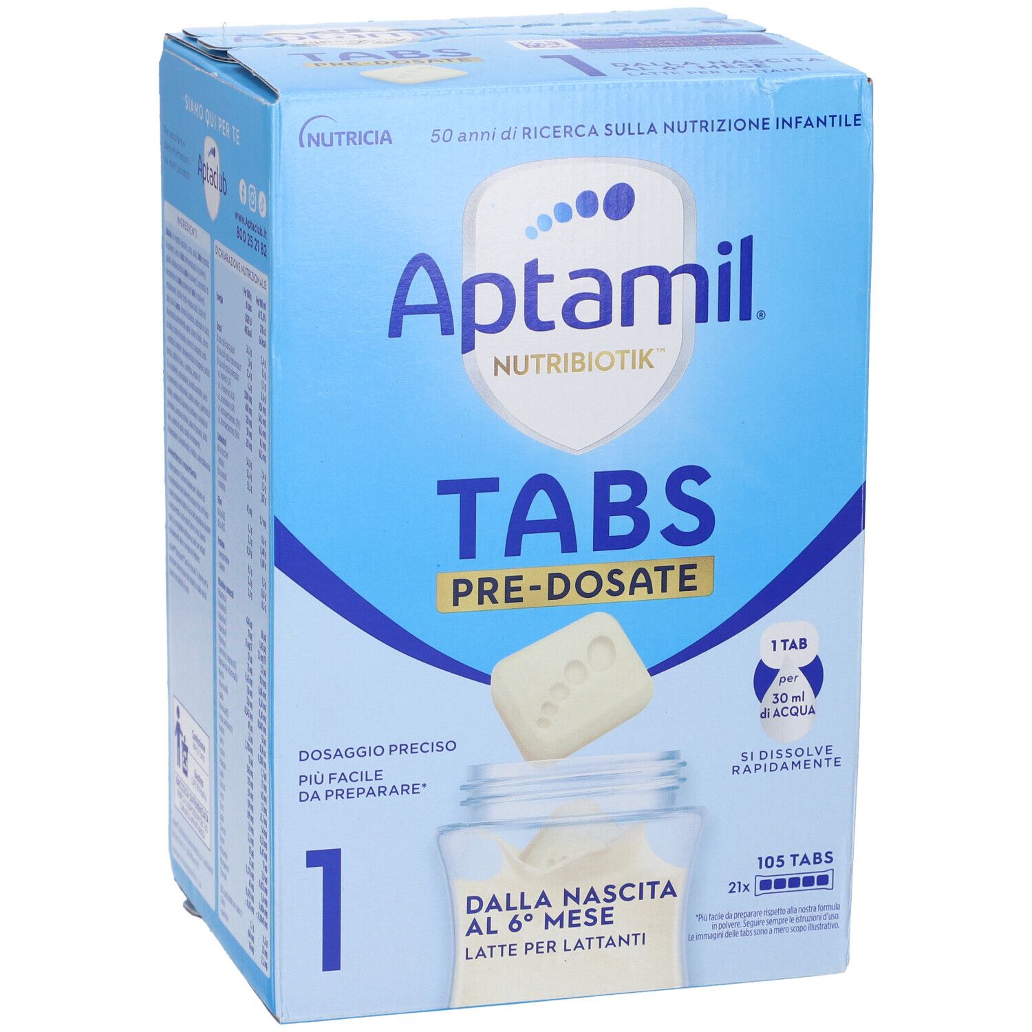 Scatola blu Aptamil Tabs. Scritte: Aptamil, Tabs, 1, Pre-Dosate, 105 Tabs. Raffigurati una pastiglia e un bicchiere.
