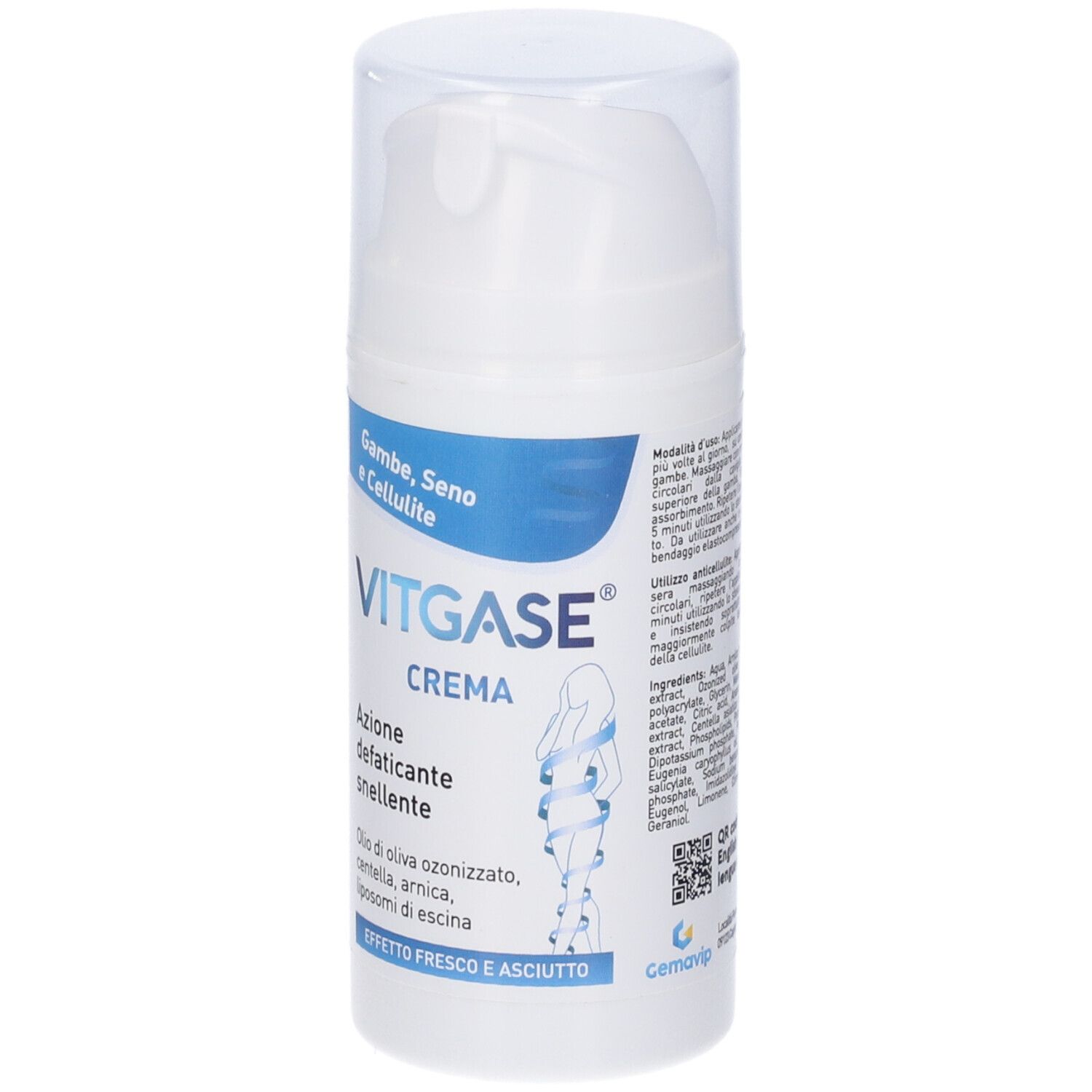 Tubo di crema con testo blu. Il nome Vitgase e la parola Crema sono visibili. Con tappo trasparente.