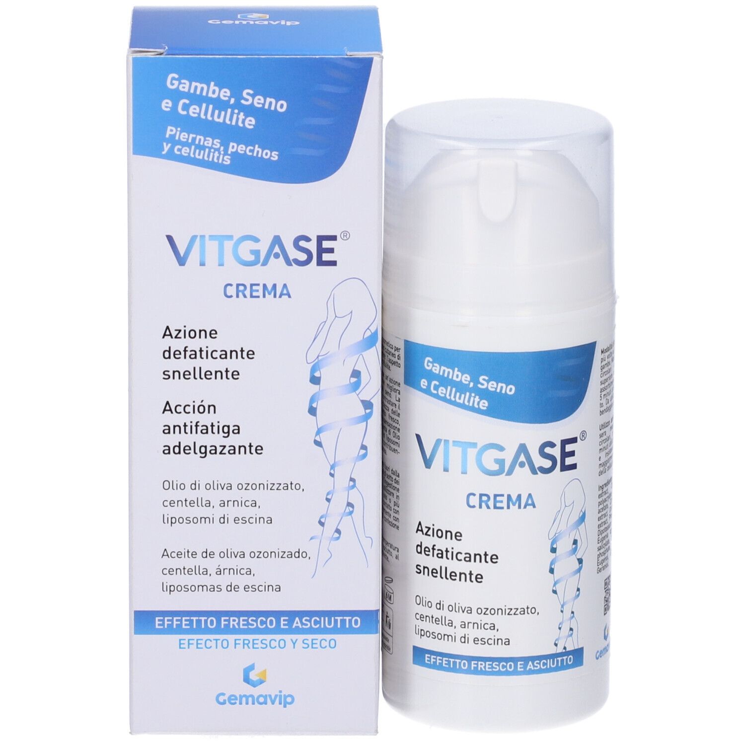 Confezione del prodotto e tubo di crema. Il nome Vitgase e la parola Crema sono visibili. Con tappo trasparente.