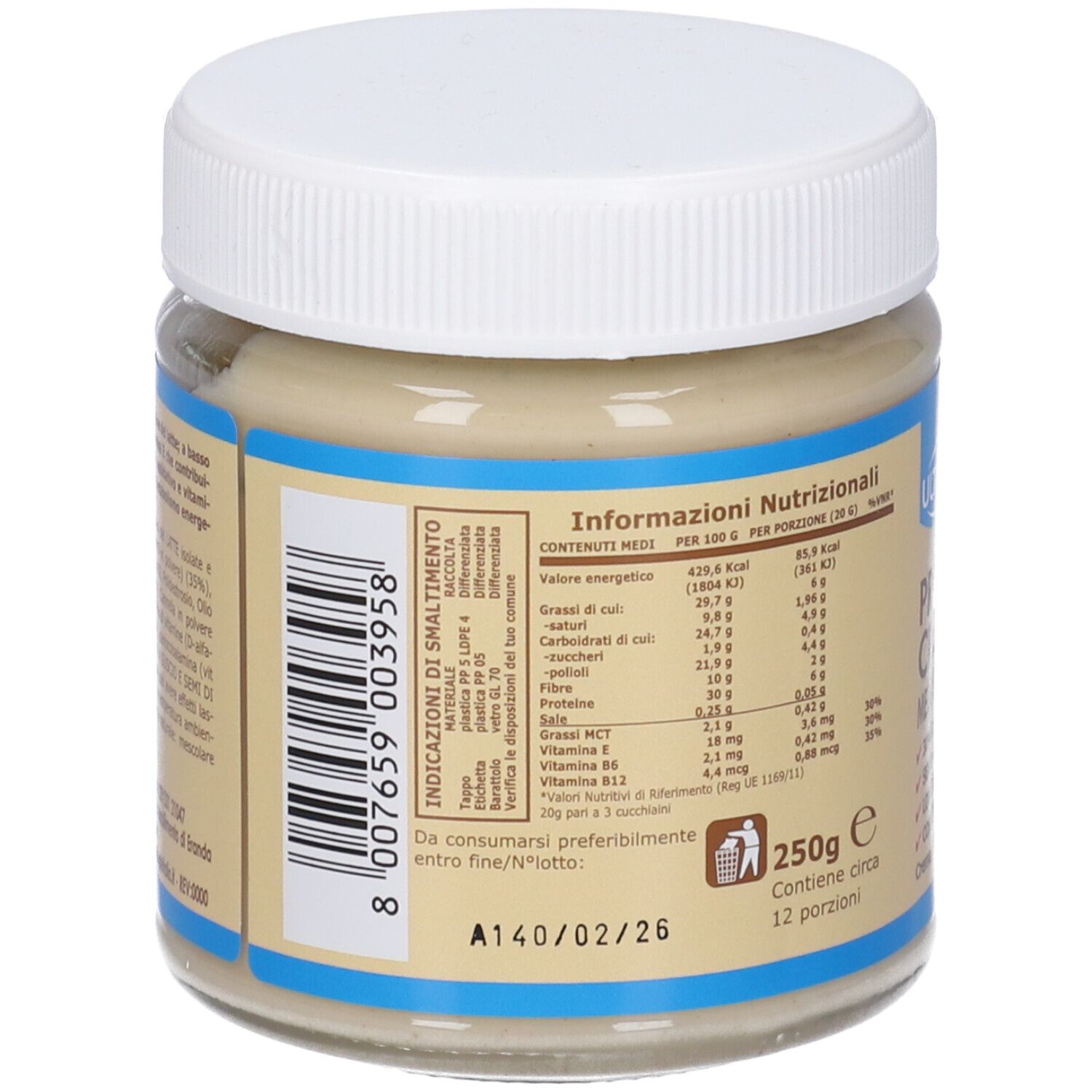 Retro del vasetto di crema proteica. Contiene informazioni nutrizionali. Scadenza: A140/02/26. 250g. 12 porzioni.